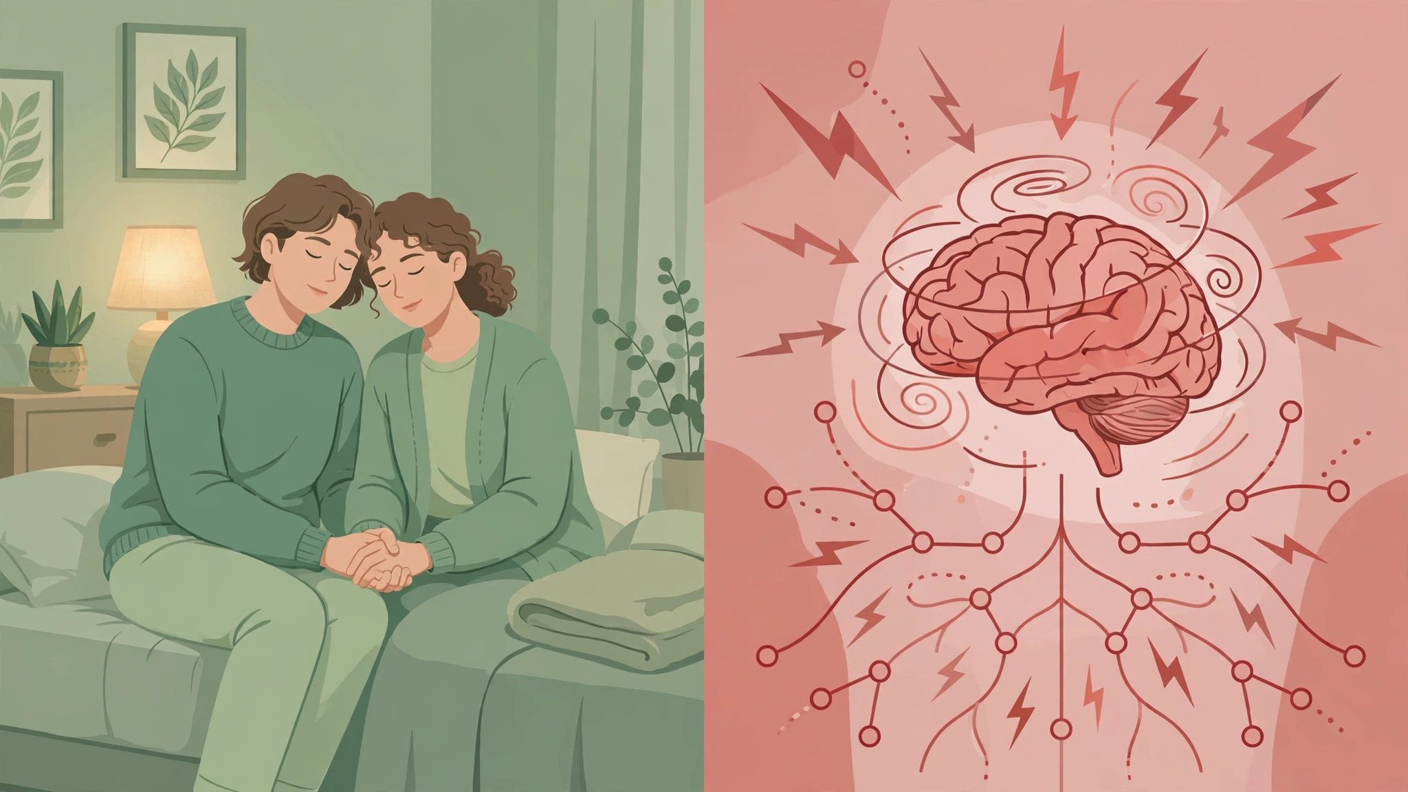 Illustration of the nervous system stress response during performance anxiety in bed