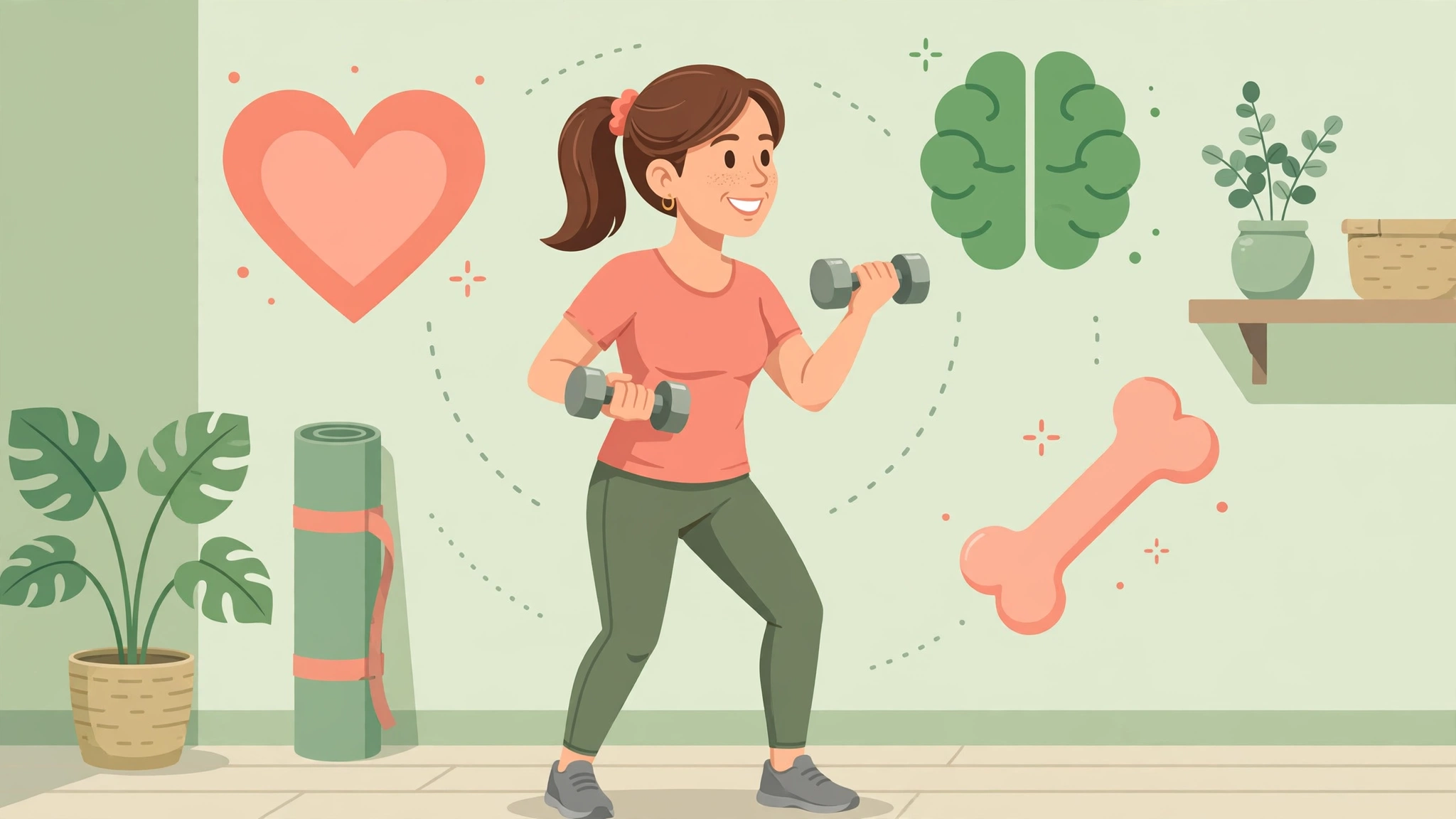 Active woman in her 40s doing strength training to protect heart and bone health during perimenopause