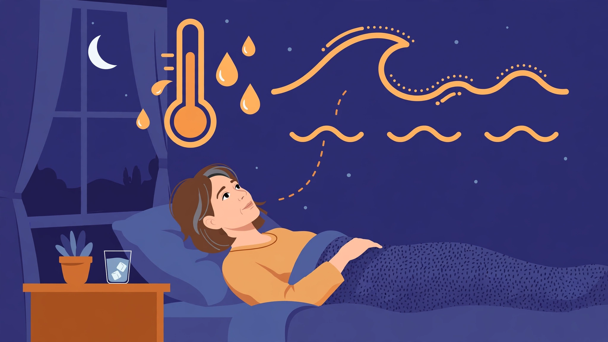 Woman in her 40s resting in a moonlit bedroom, symbolizing perimenopause sleep disruption and night sweats — common perimenopause symptoms