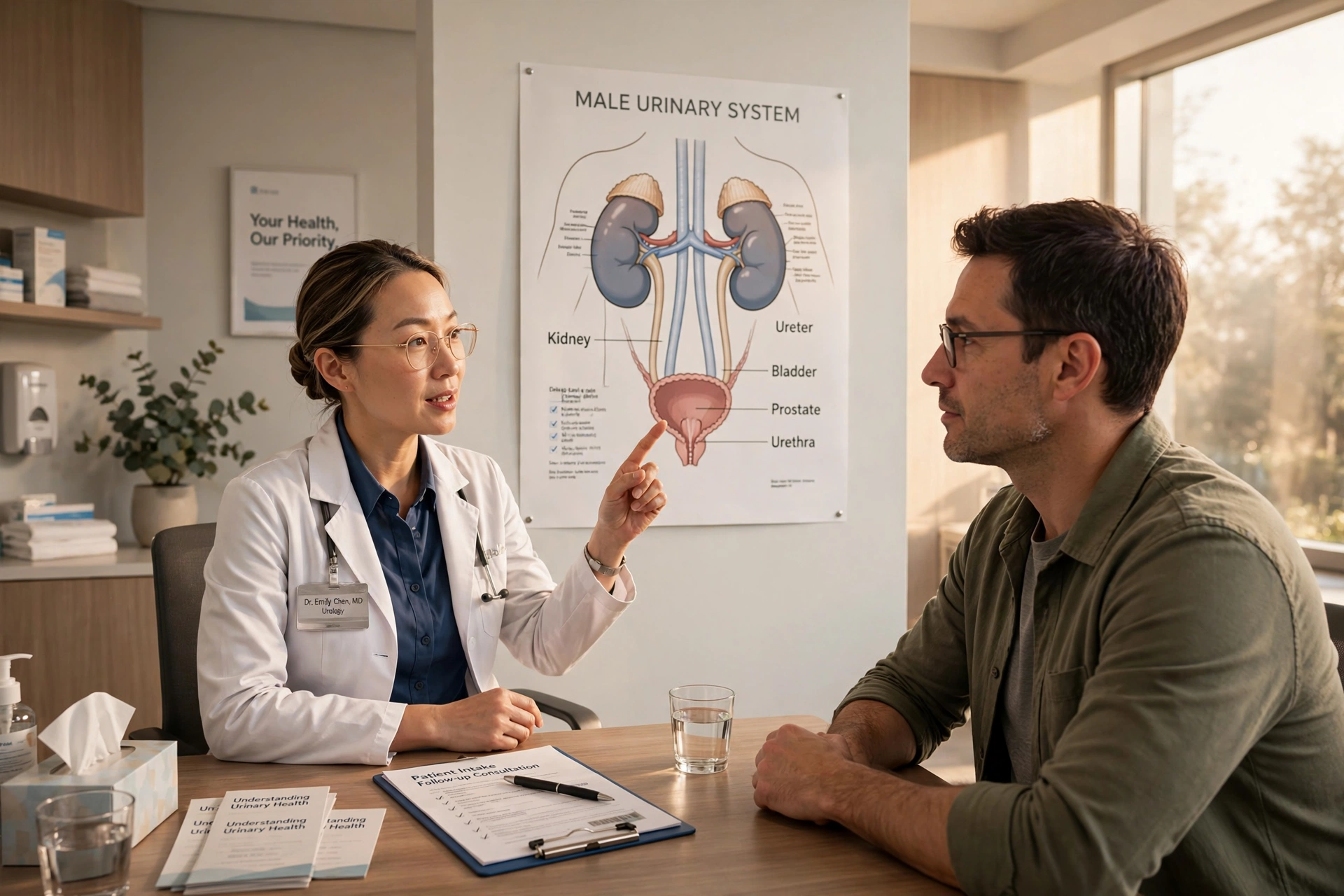 Urologist explaining phimosis treatment options to an adult patient during a clinic consultation