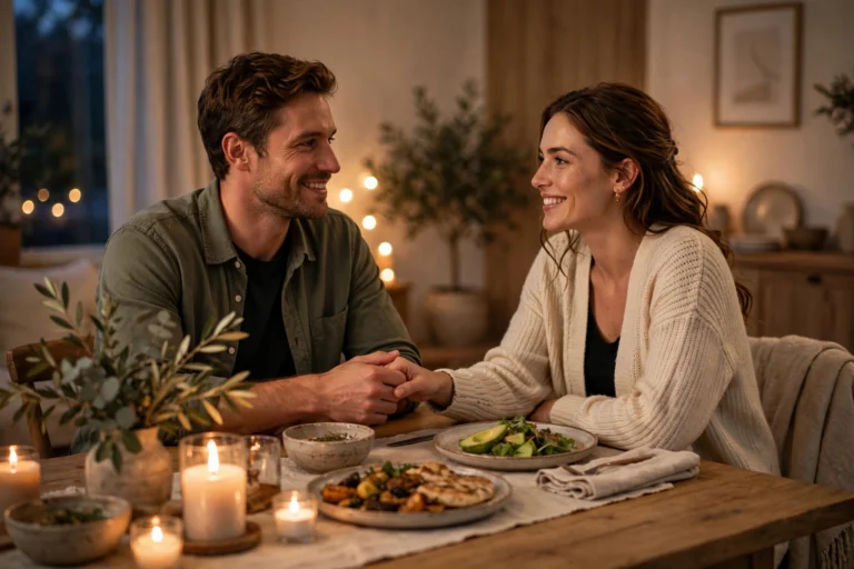 A smiling couple holding hands across a candlelit dinner table during a phone free date night for couples, with no phones in sight