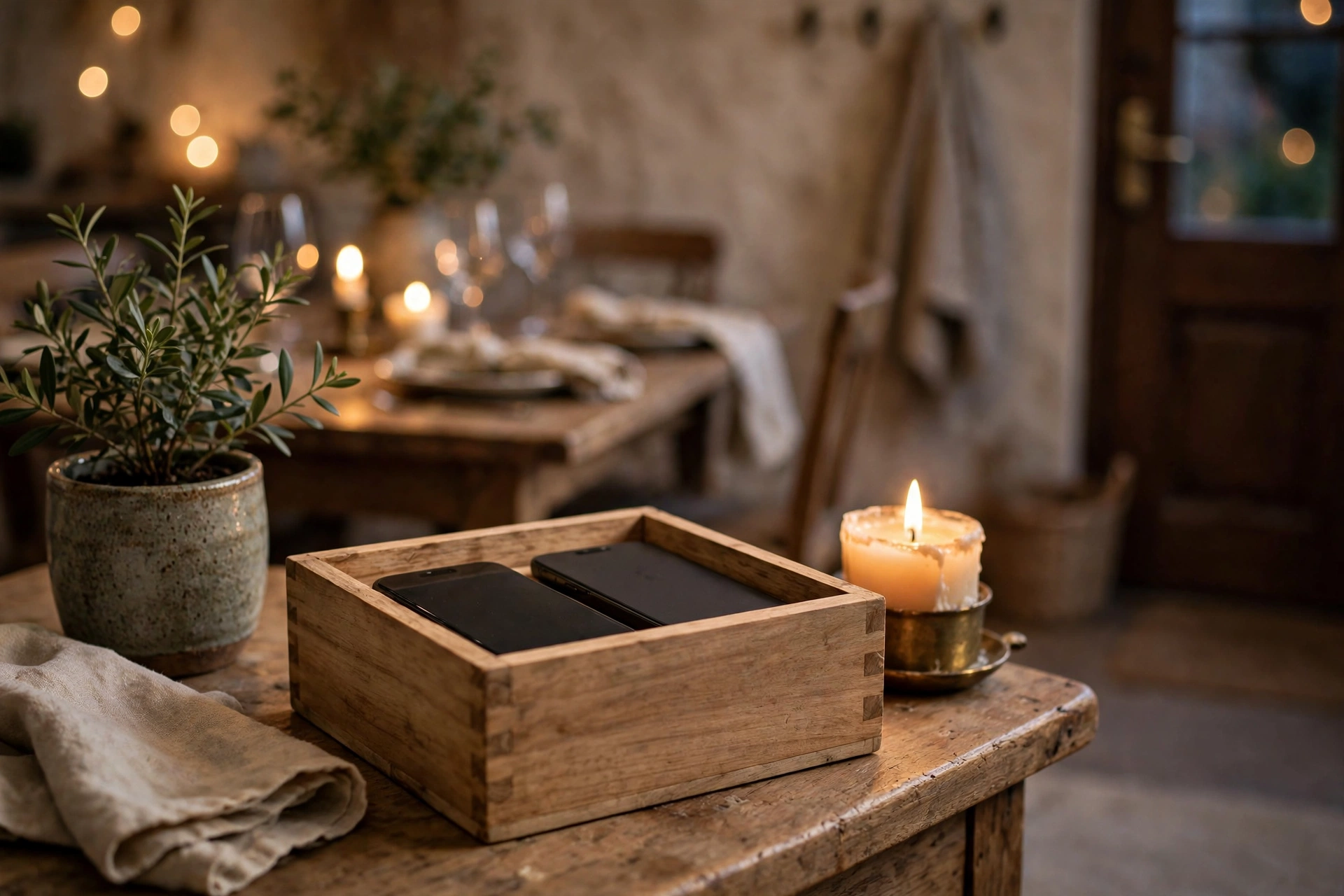 Two smartphones parked face-down in a wooden box beside a lit candle at home, illustrating the phone parking ritual used by phone free date night couples