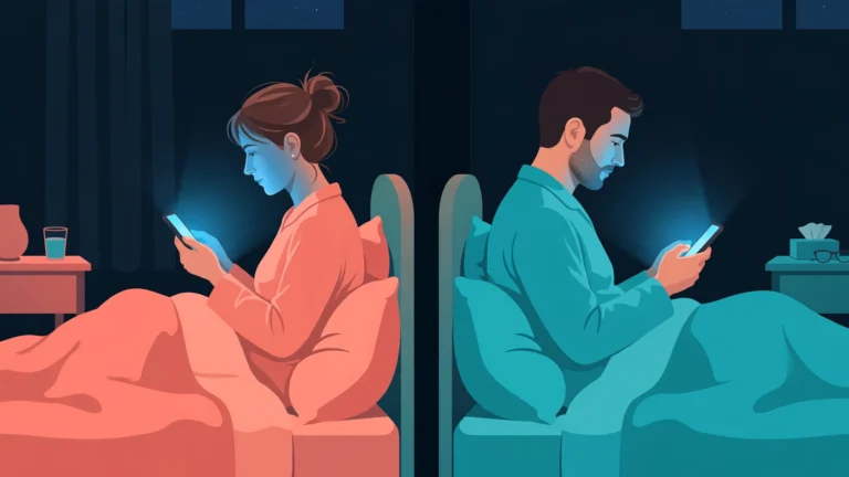 Couple in bed back-to-back with glowing phones, illustrating phones screens intimacy damage