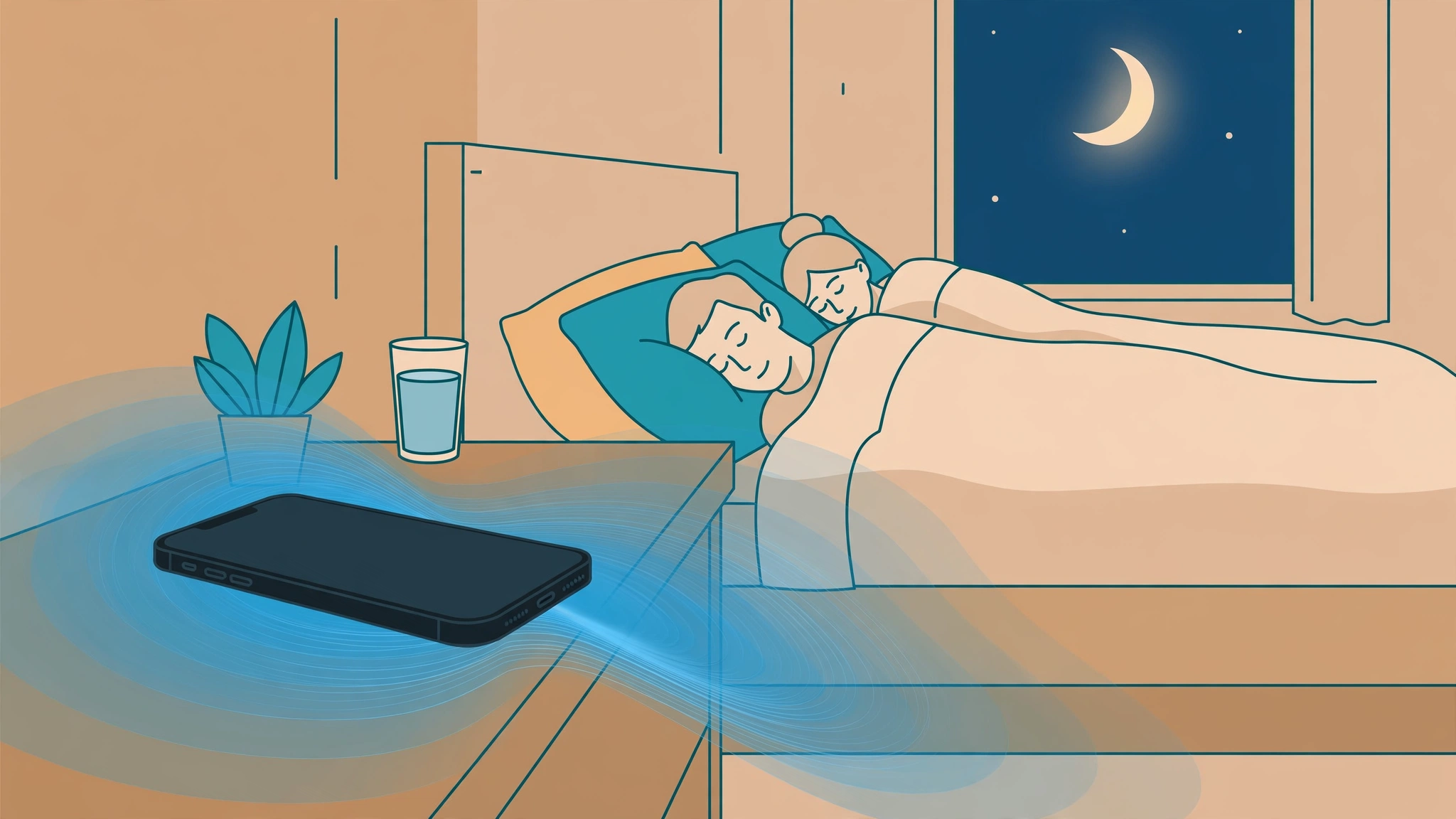 Smartphone placed face-down on a nightstand beside a bed to protect screen time and relationships