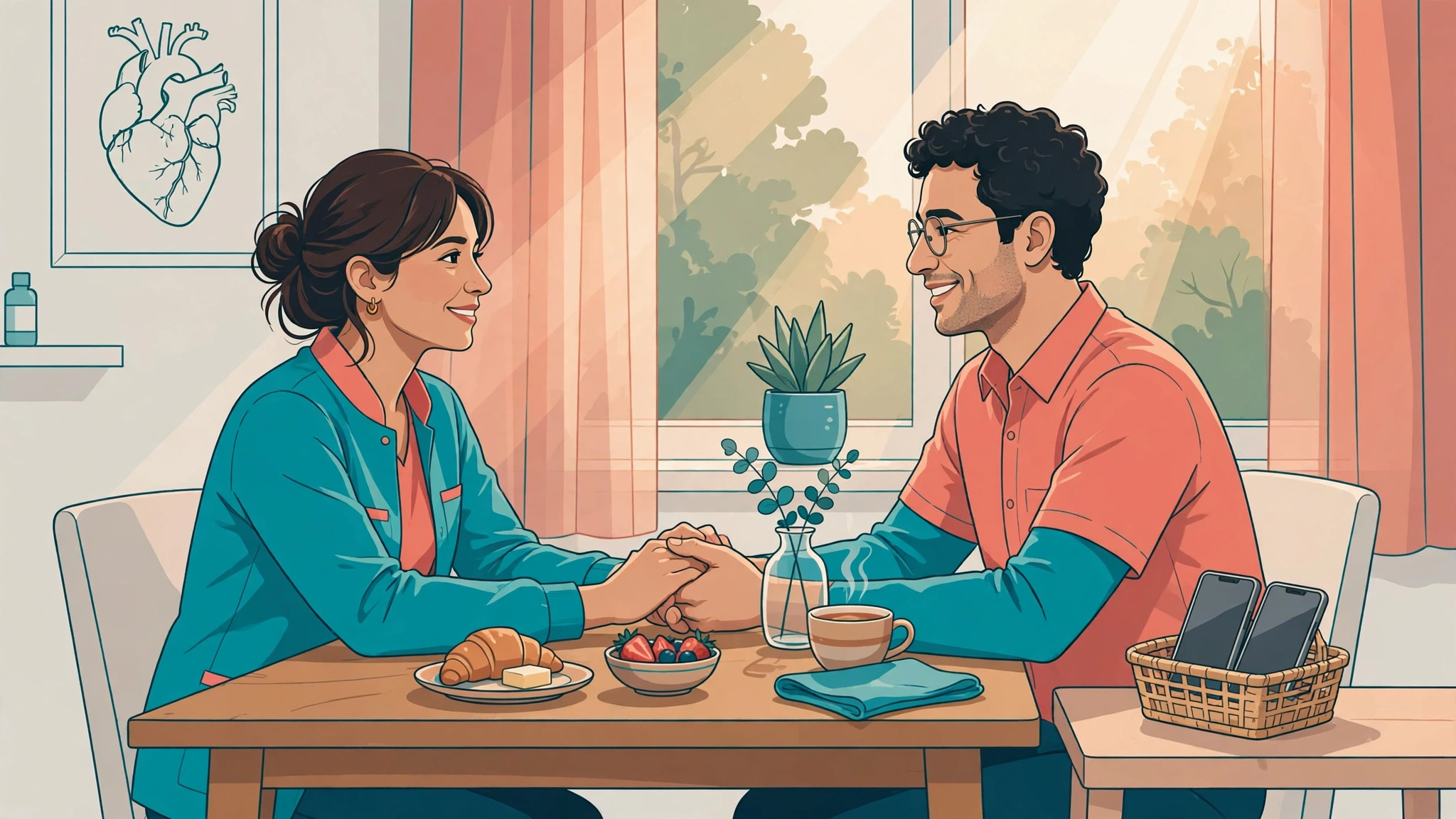 Couple reconnecting over breakfast with phones set aside in a basket