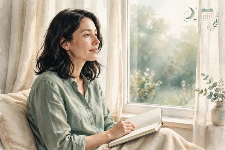 Illustration of a woman journaling by a window with moon and calendar motifs, representing PMDD and low libido tracking across the menstrual cycle