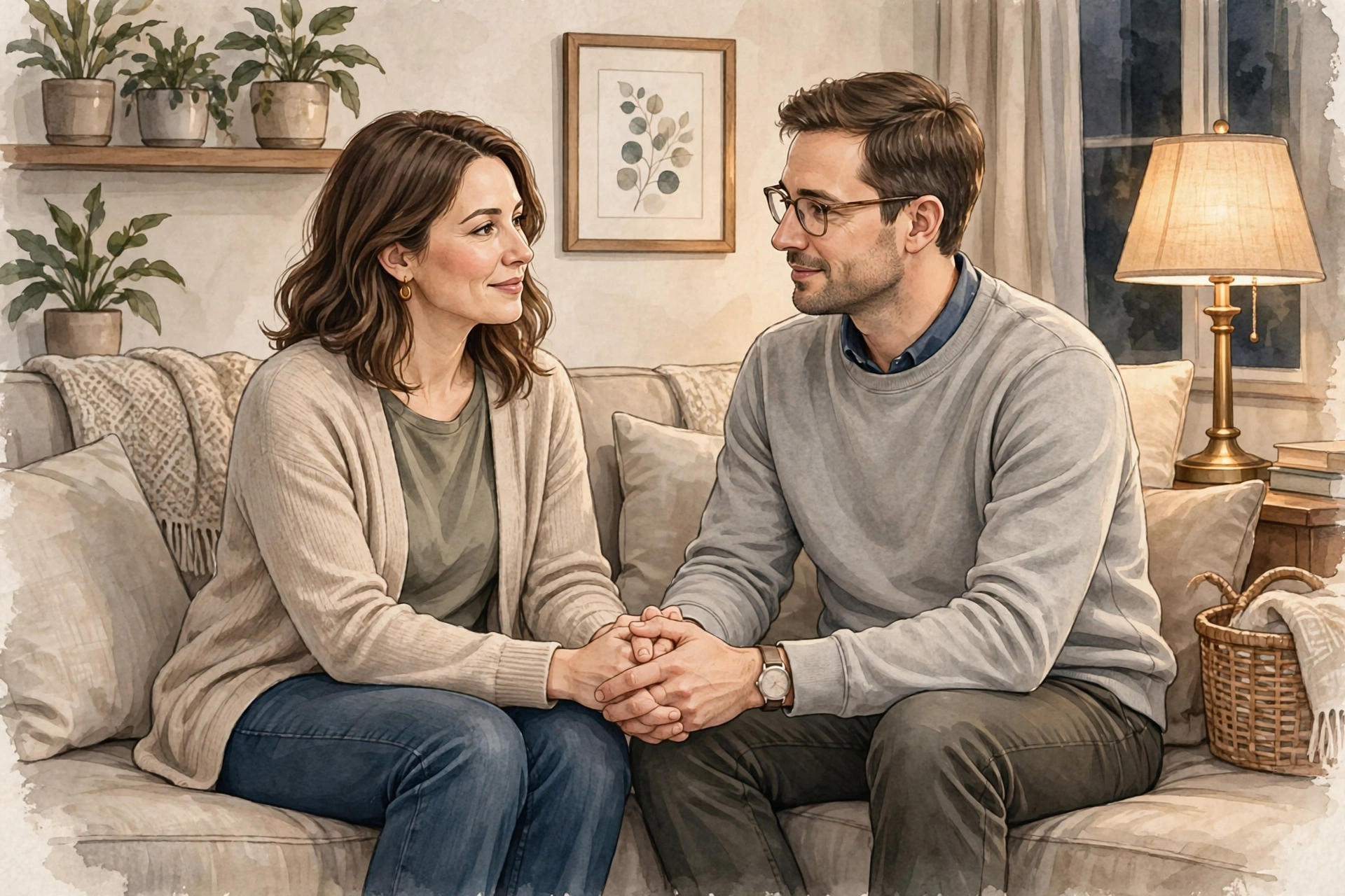 Tasteful illustration of a fully clothed couple sitting close on a sofa, holding hands and talking calmly in warm evening light, representing supportive communication about PMDD and low libido