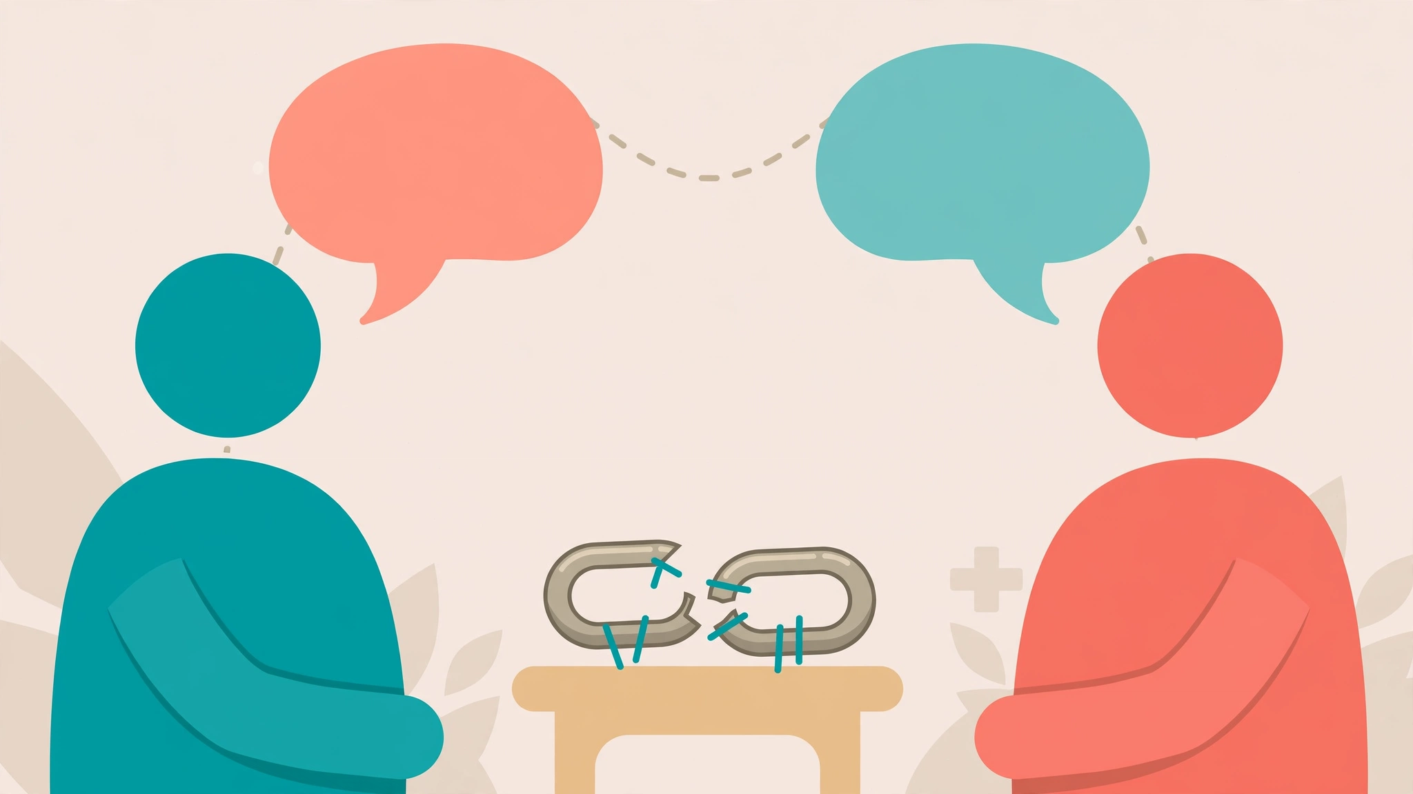 Couple repairing communication after porn-related conflict, speech bubbles connecting