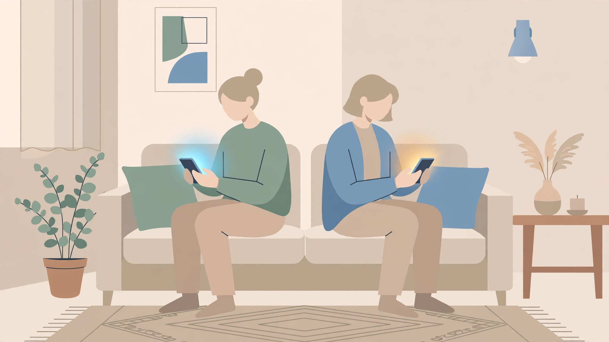 Research on porn and relationships effects: couple sitting together on a couch with phones