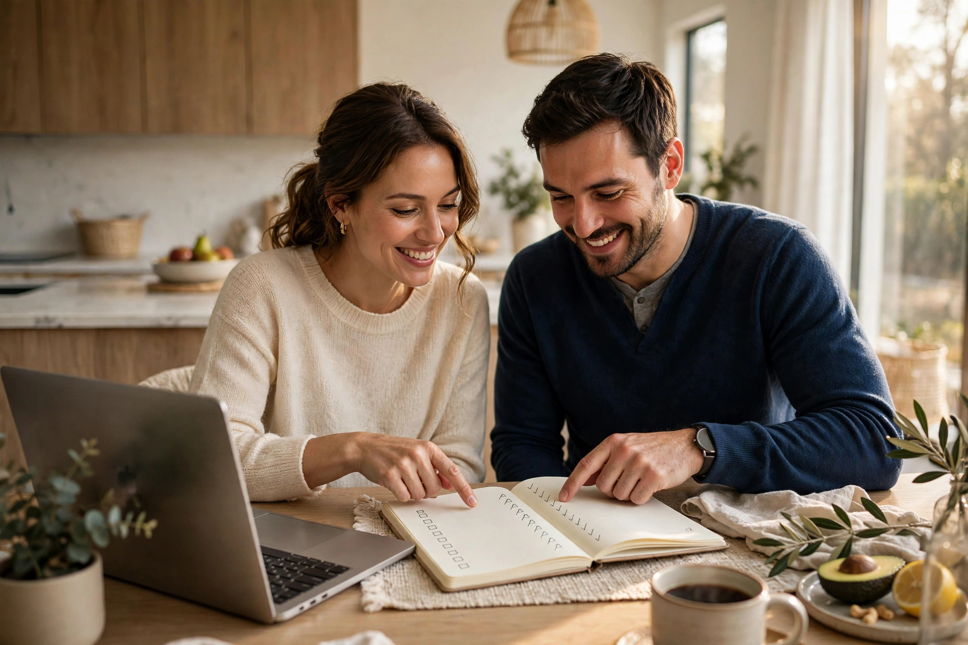 Couple calmly discussing household decisions together at a table while reviewing a shared list