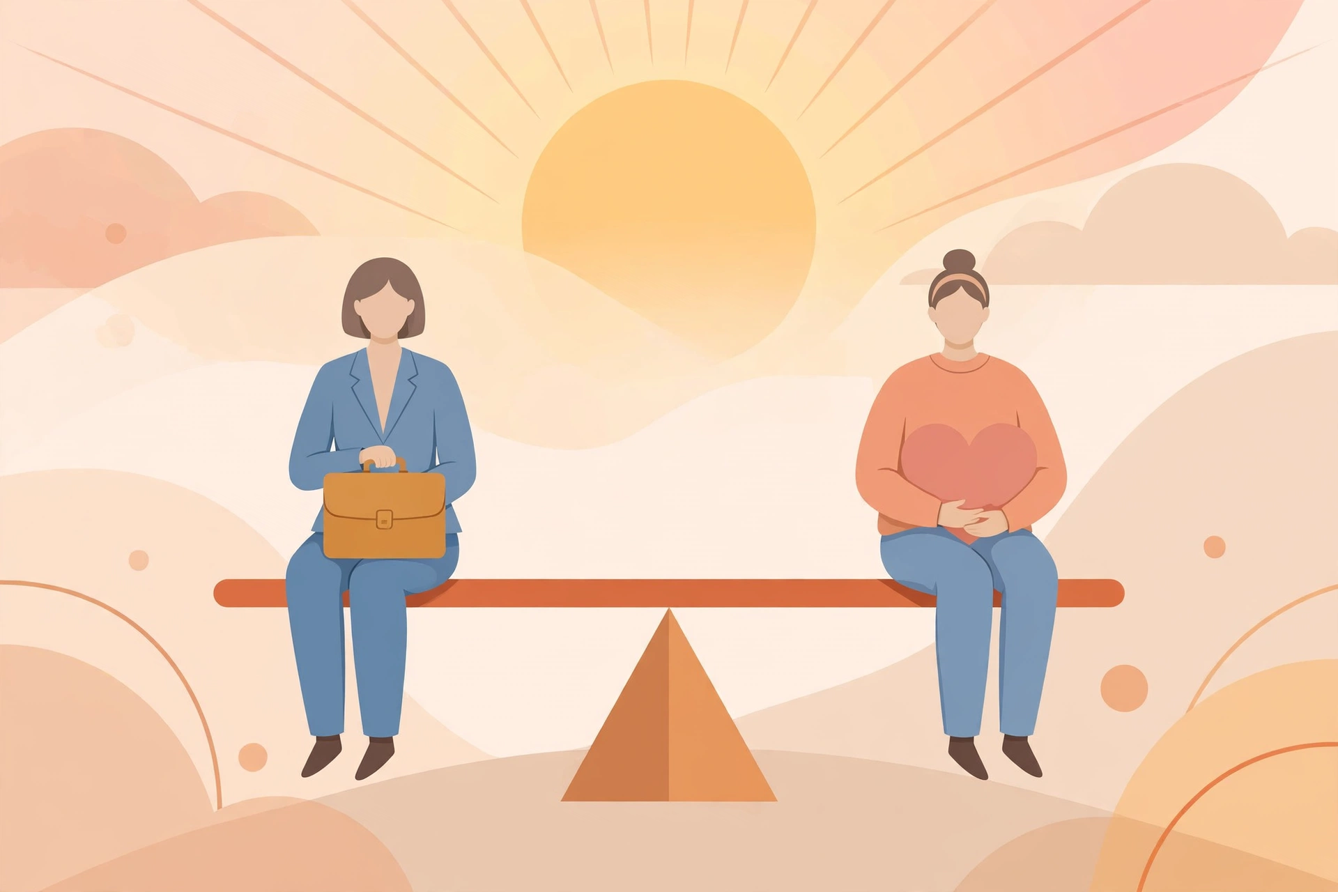 Editorial illustration of a balanced scale with two figures representing equal power dynamics in marriage
