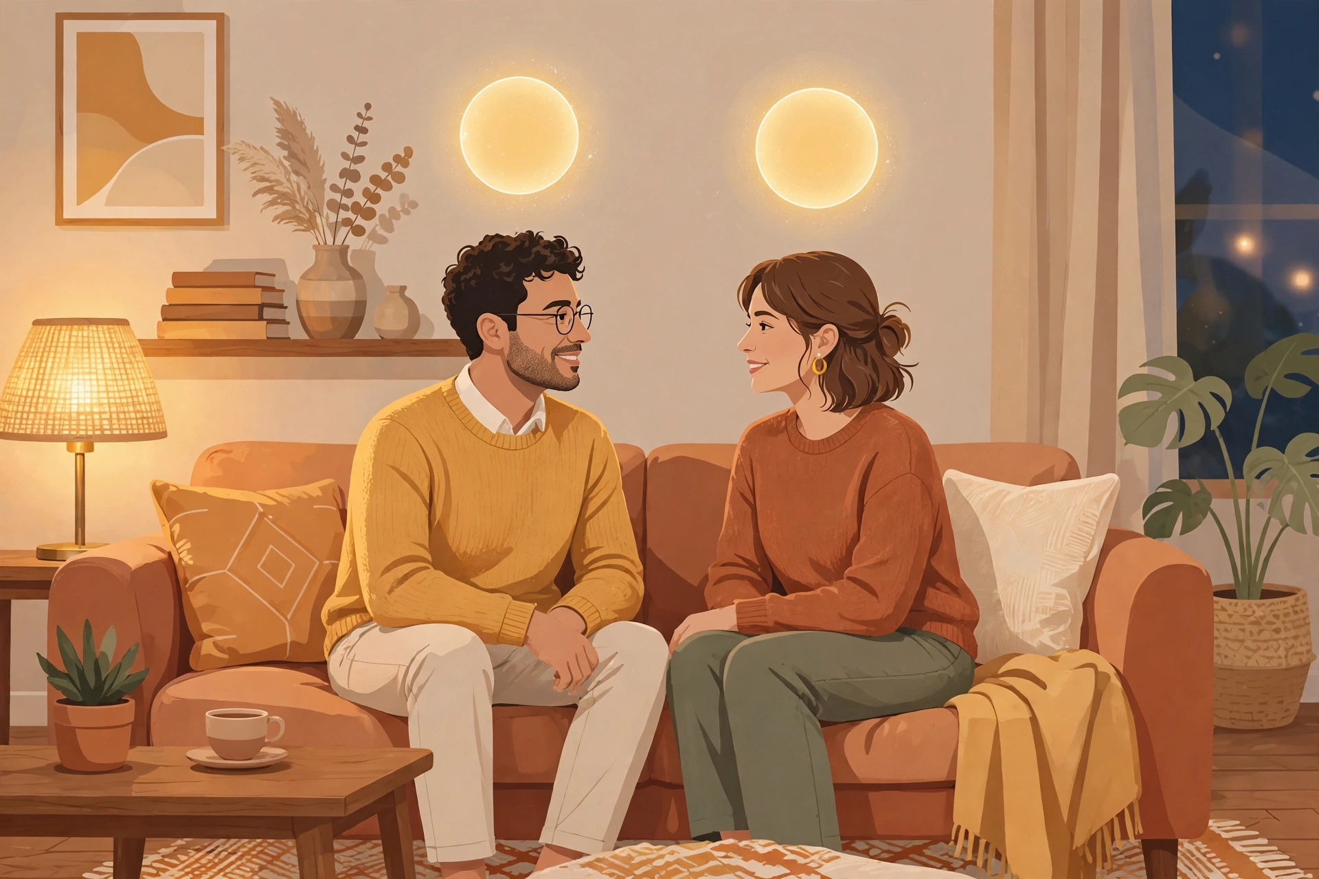 Couple talking warmly on a couch with equal-sized glowing circles above them symbolizing balanced voices