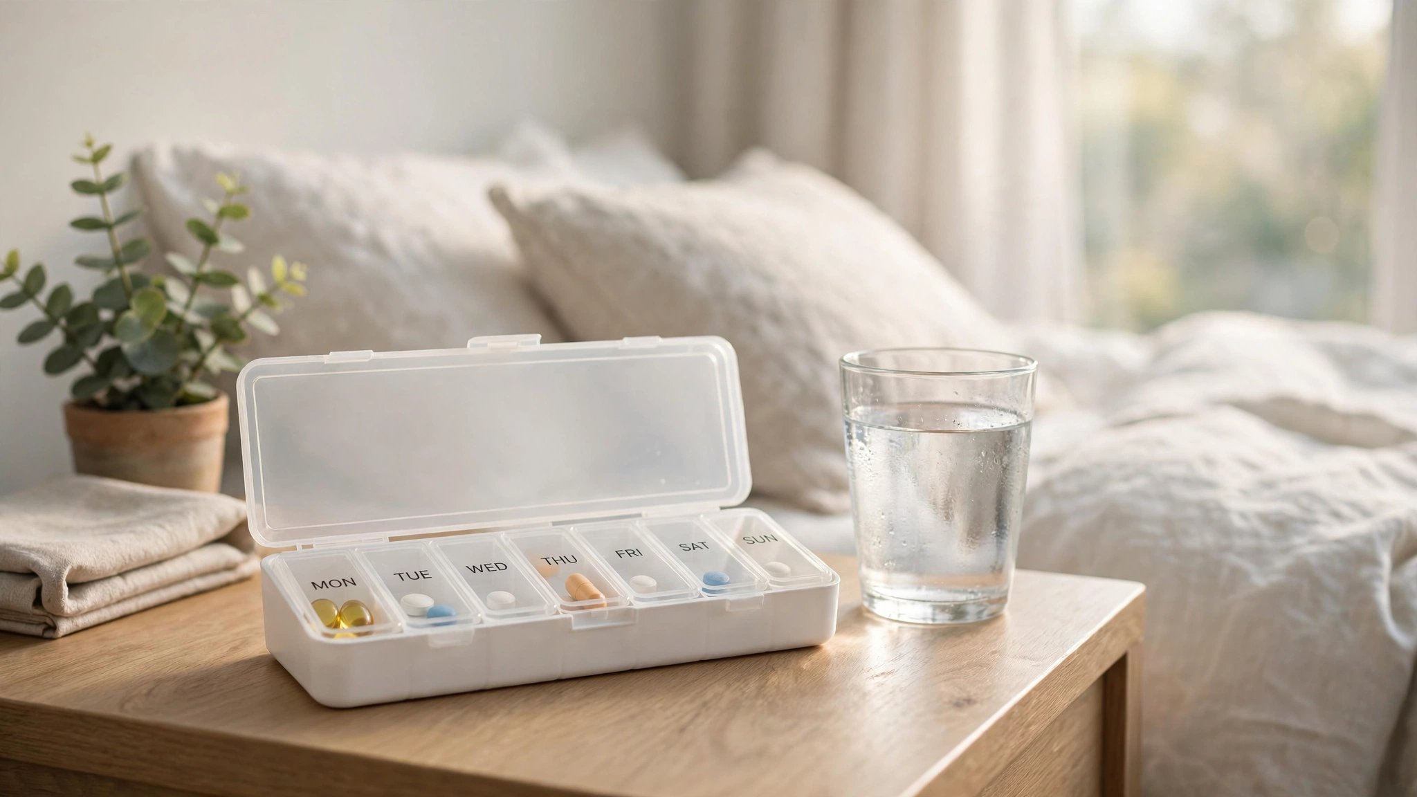 Weekly pill organizer and glass of water representing a daily PrEP routine