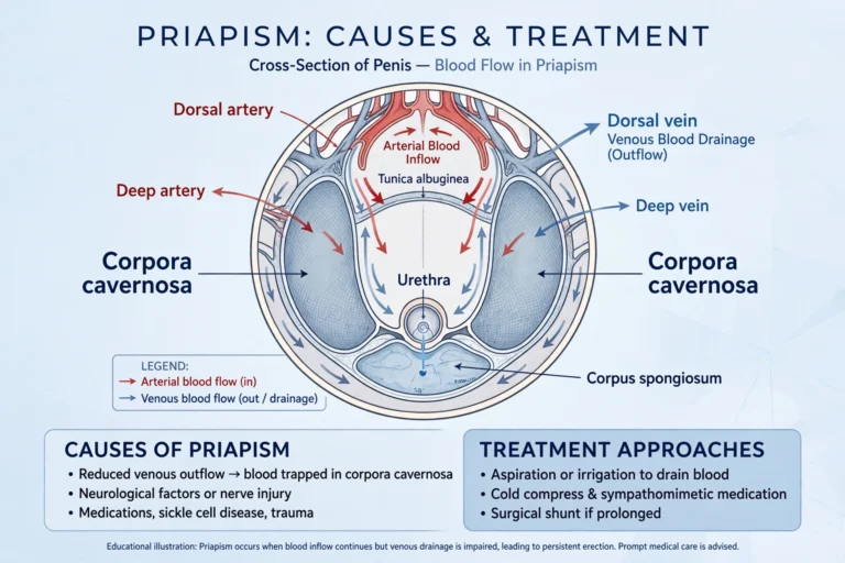 Medical cross-section illustration of penile blood vessels with labeled arteries, veins, corpora cavernosa, and blood-flow arrows explaining priapism causes and treatment