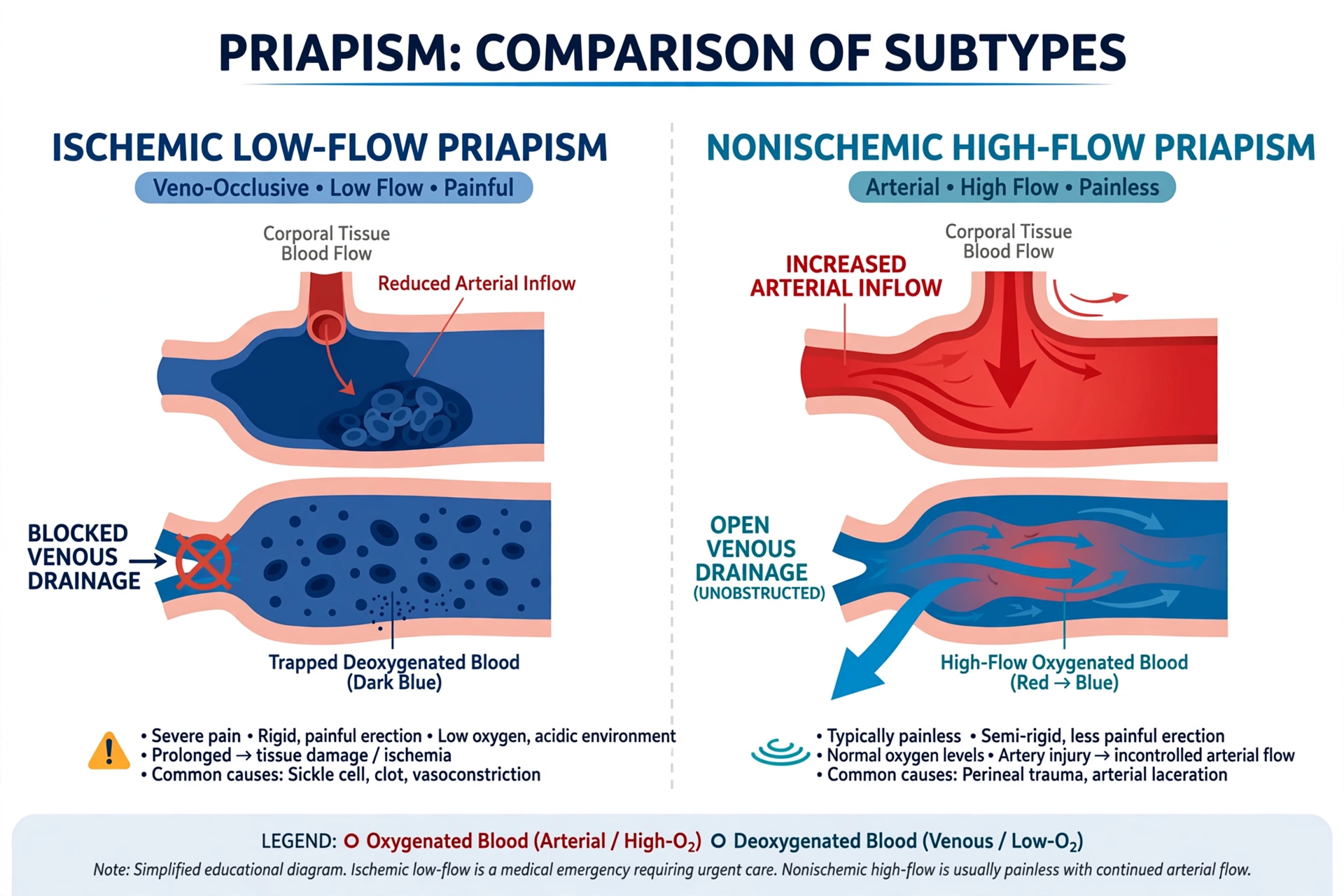 Side-by-side educational diagram comparing ischemic low-flow priapism with blocked venous drainage against nonischemic high-flow priapism with increased arterial inflow