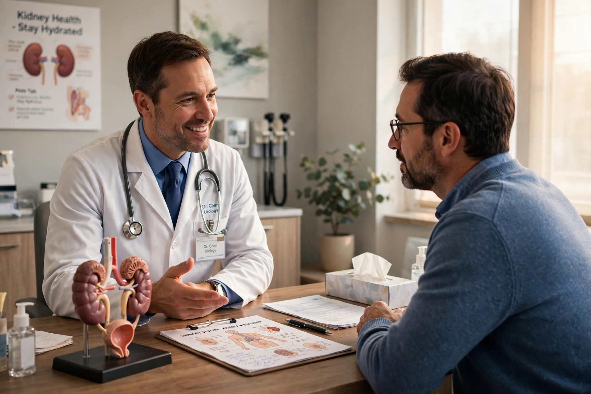A urologist in a white coat discussing priapism causes treatment options with an adult male patient at a desk in a modern clinic, with an anatomical model and medical charts visible