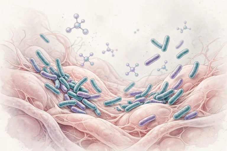 Medical illustration of Lactobacillus probiotic bacteria colonizing tissue, relevant to probiotics vaginal health research