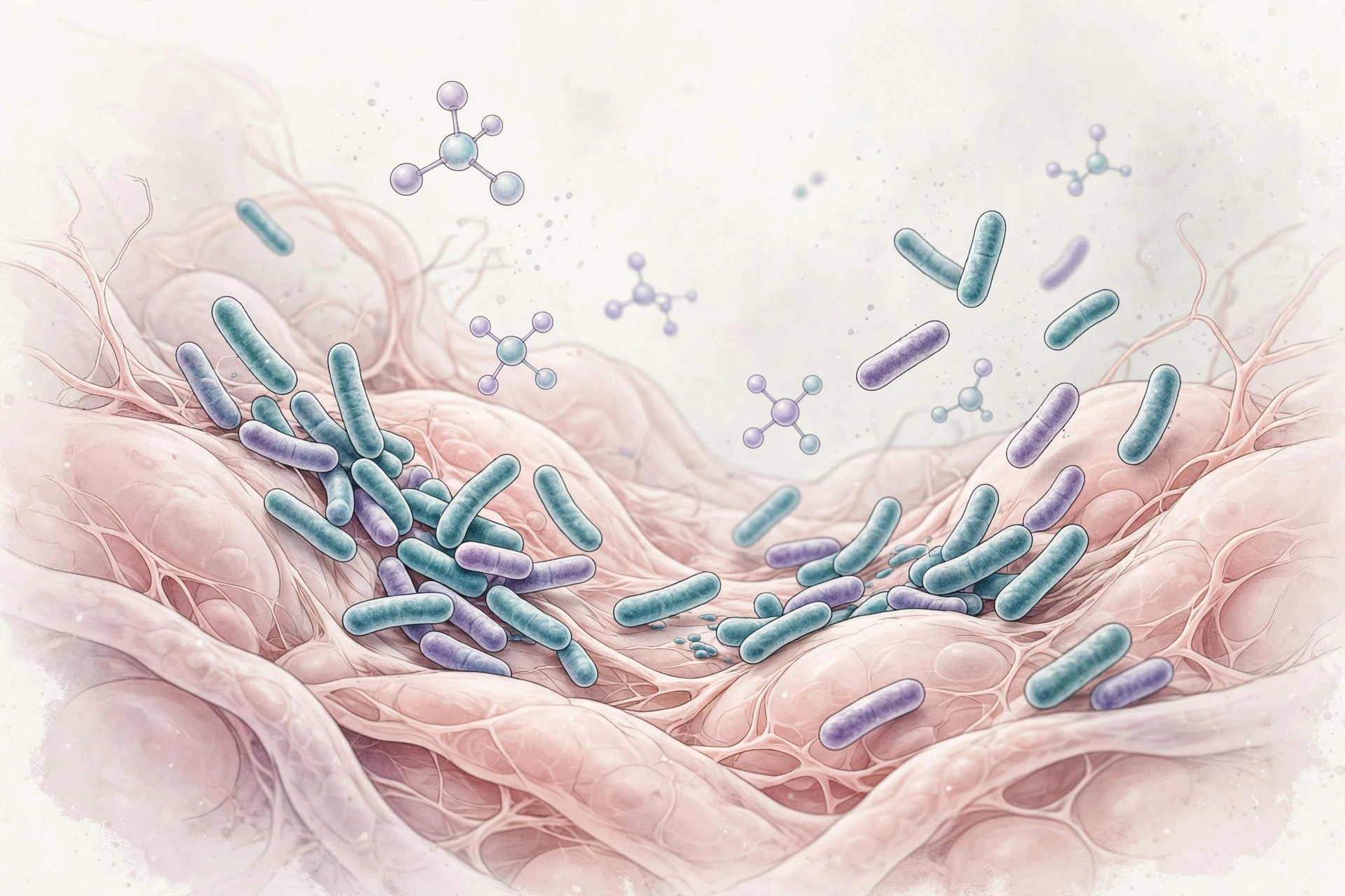 Medical illustration of Lactobacillus probiotic bacteria colonizing tissue, relevant to probiotics vaginal health research