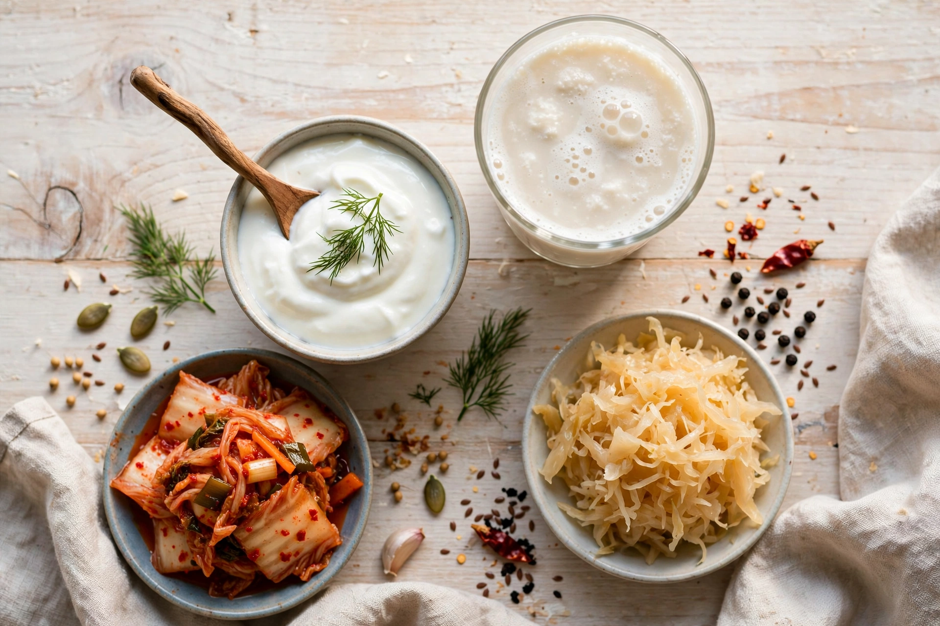 Overhead view of probiotic-rich fermented foods: a bowl of yogurt, a glass of kefir, kimchi, and sauerkraut on a wooden table
