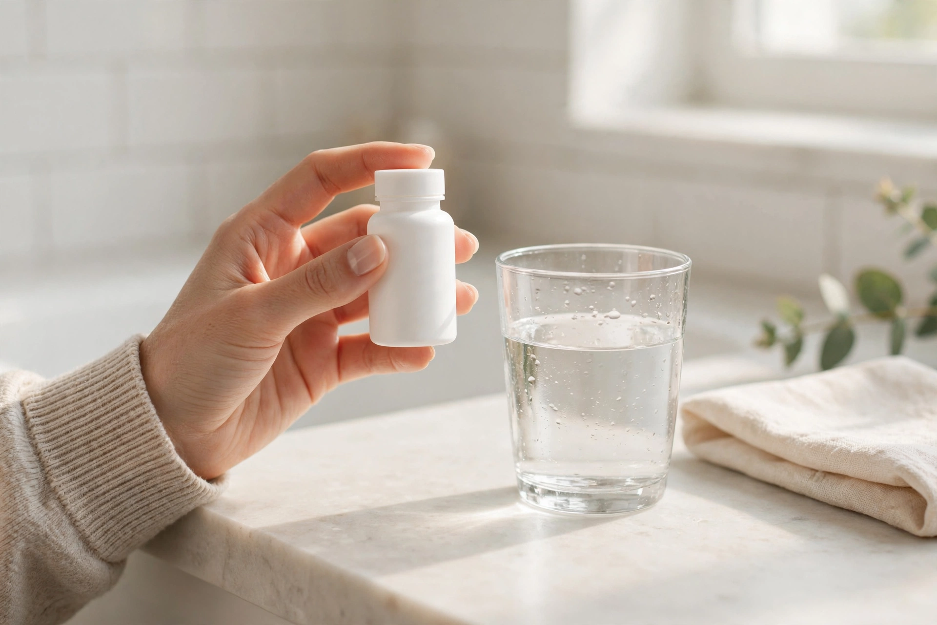 A woman's hand holding a small white probiotic supplement bottle next to a glass of water on a bathroom counter