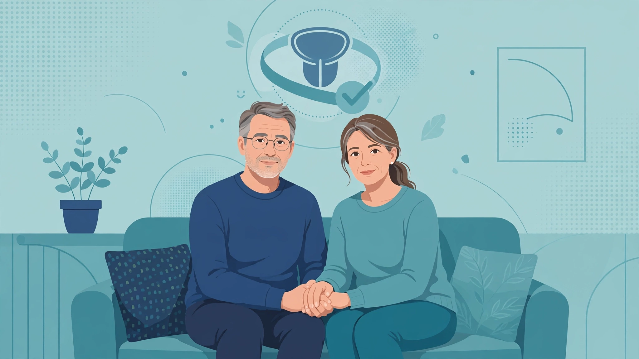 Couple discussing prostate cancer sex life with their doctor, flat medical illustration.
