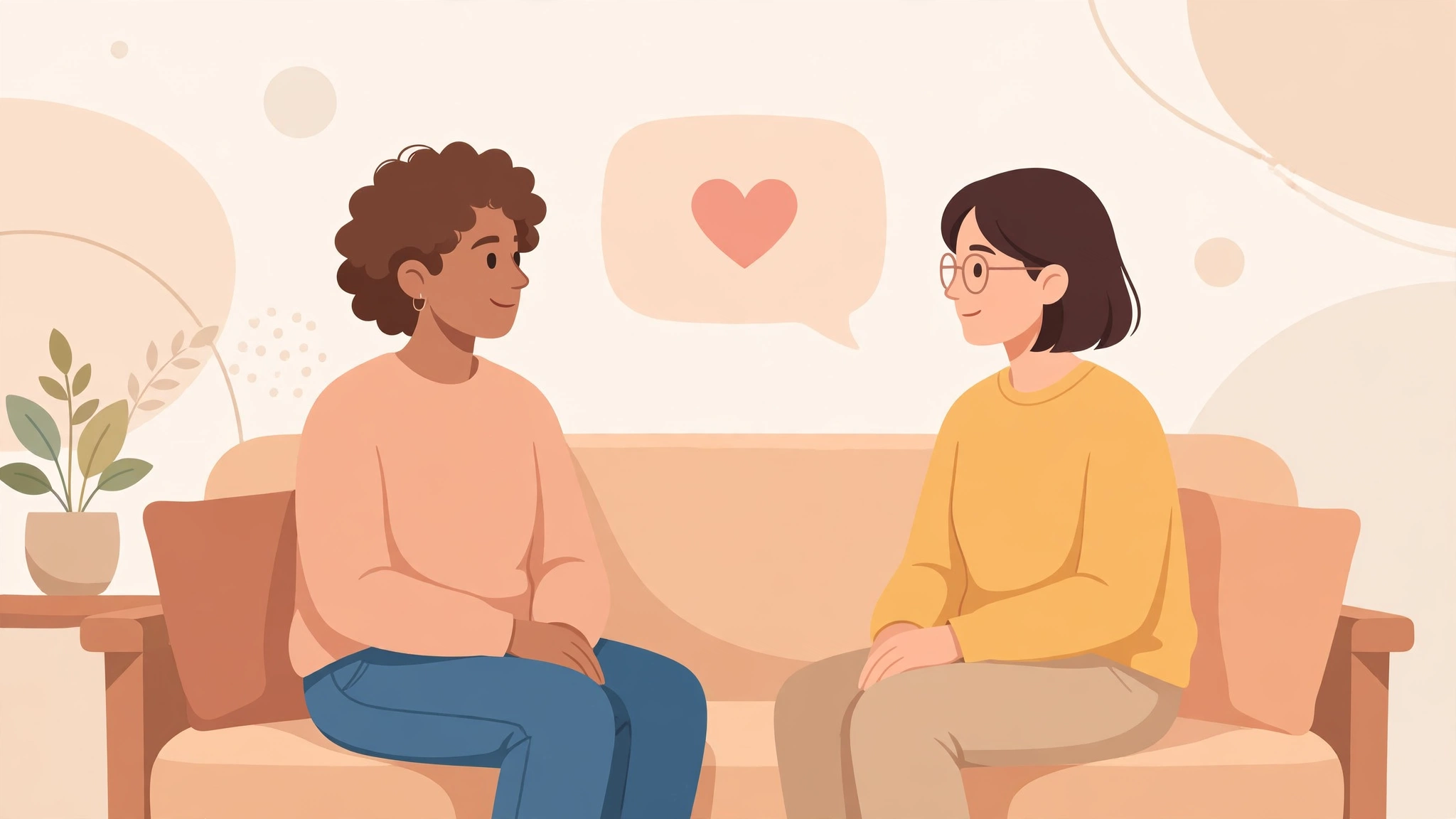 Warm illustration of a couple having an open supportive conversation about psoriasis and intimacy on a couch
