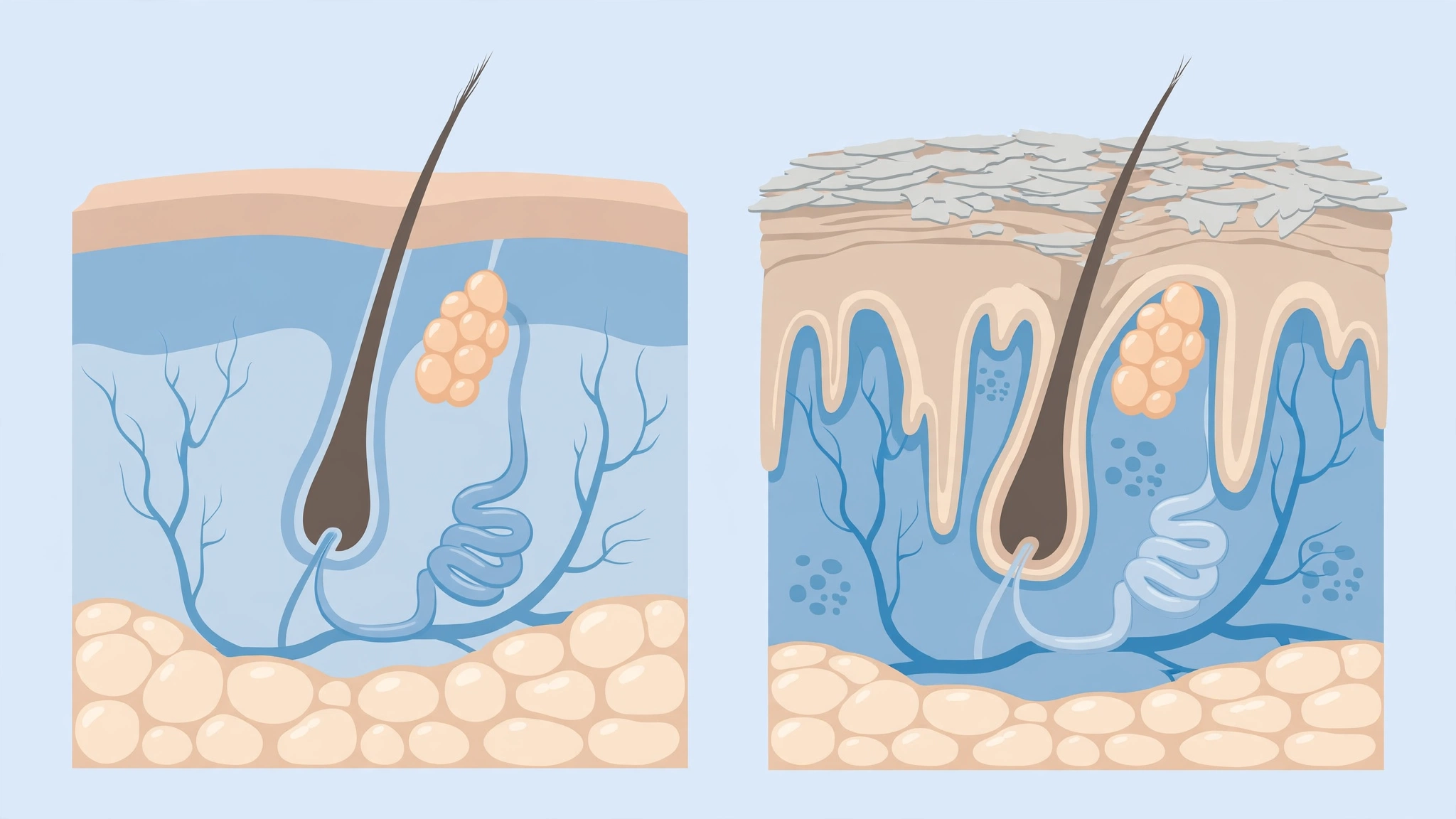 Psoriasis and sex: flat vector medical illustration comparing healthy skin layers with psoriatic skin showing thickened scaly plaques