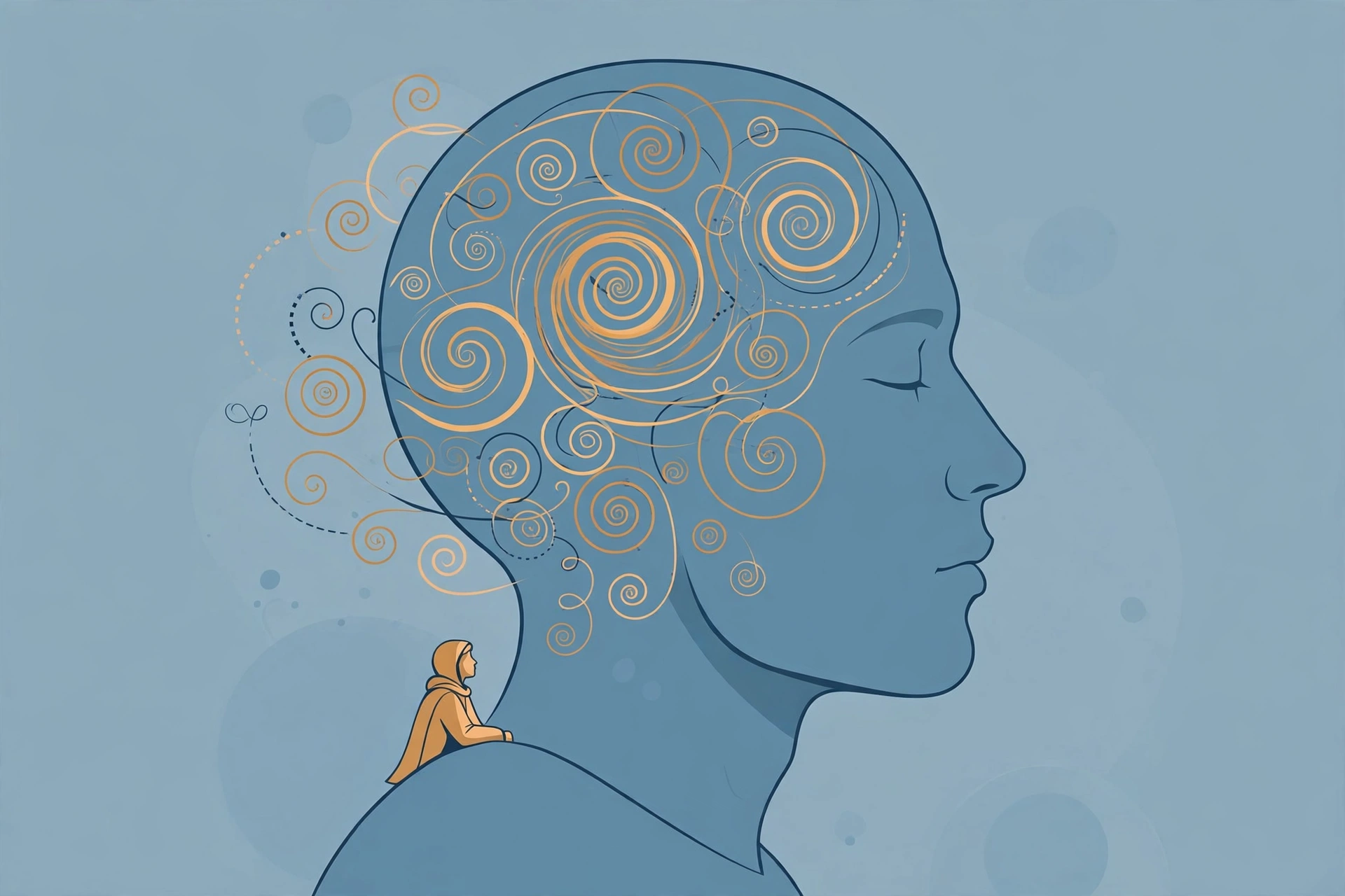 intimacy issues - Editorial illustration of a head in profile filled with swirling thought spirals and a small observer figure on the shoulder, representing performance anxiety and self-monitoring during intimacy