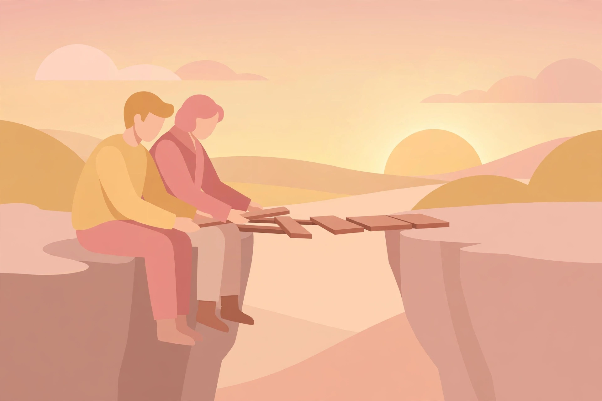 intimacy issues - Editorial illustration of a couple sitting together building a wooden plank bridge across a gap at sunrise, representing rebuilding emotional and physical connection step by step