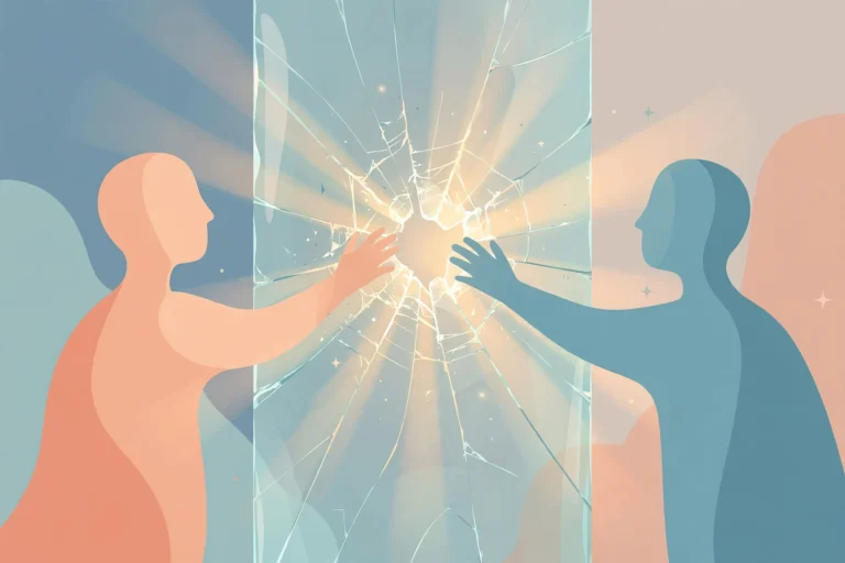 Editorial illustration of two silhouettes reaching toward each other through a cracked glass wall, symbolizing a couple overcoming intimacy issues