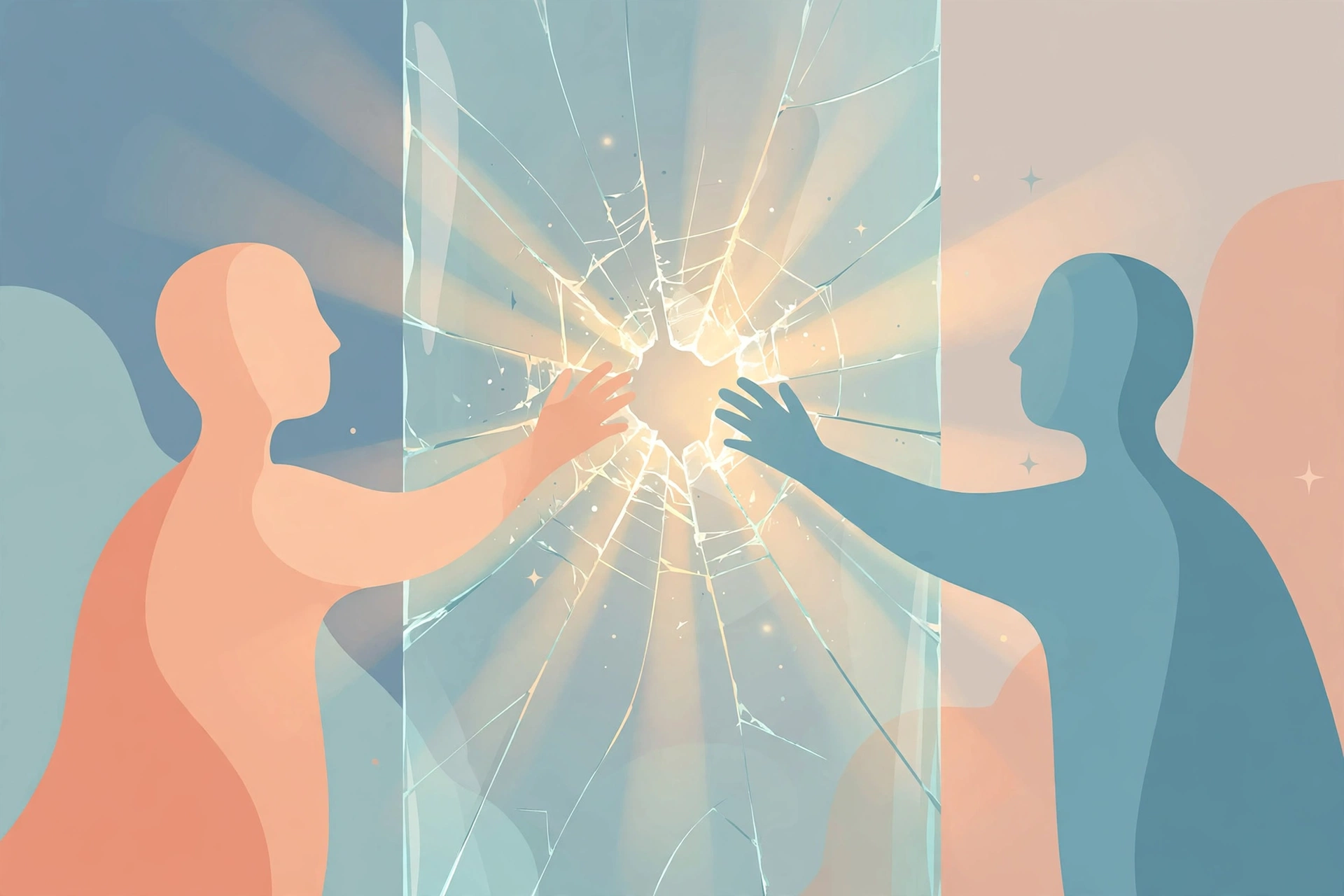 Editorial illustration of two silhouettes reaching toward each other through a cracked glass wall, symbolizing a couple overcoming intimacy issues