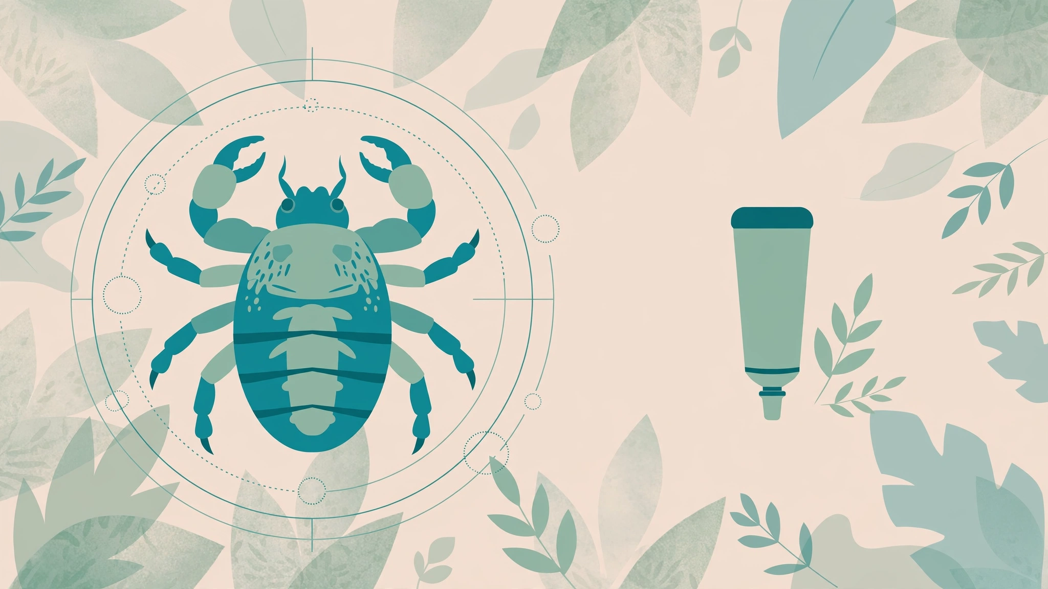 Pubic lice treatment guide — flat vector medical illustration of a magnified crab louse with a medicated lotion tube
