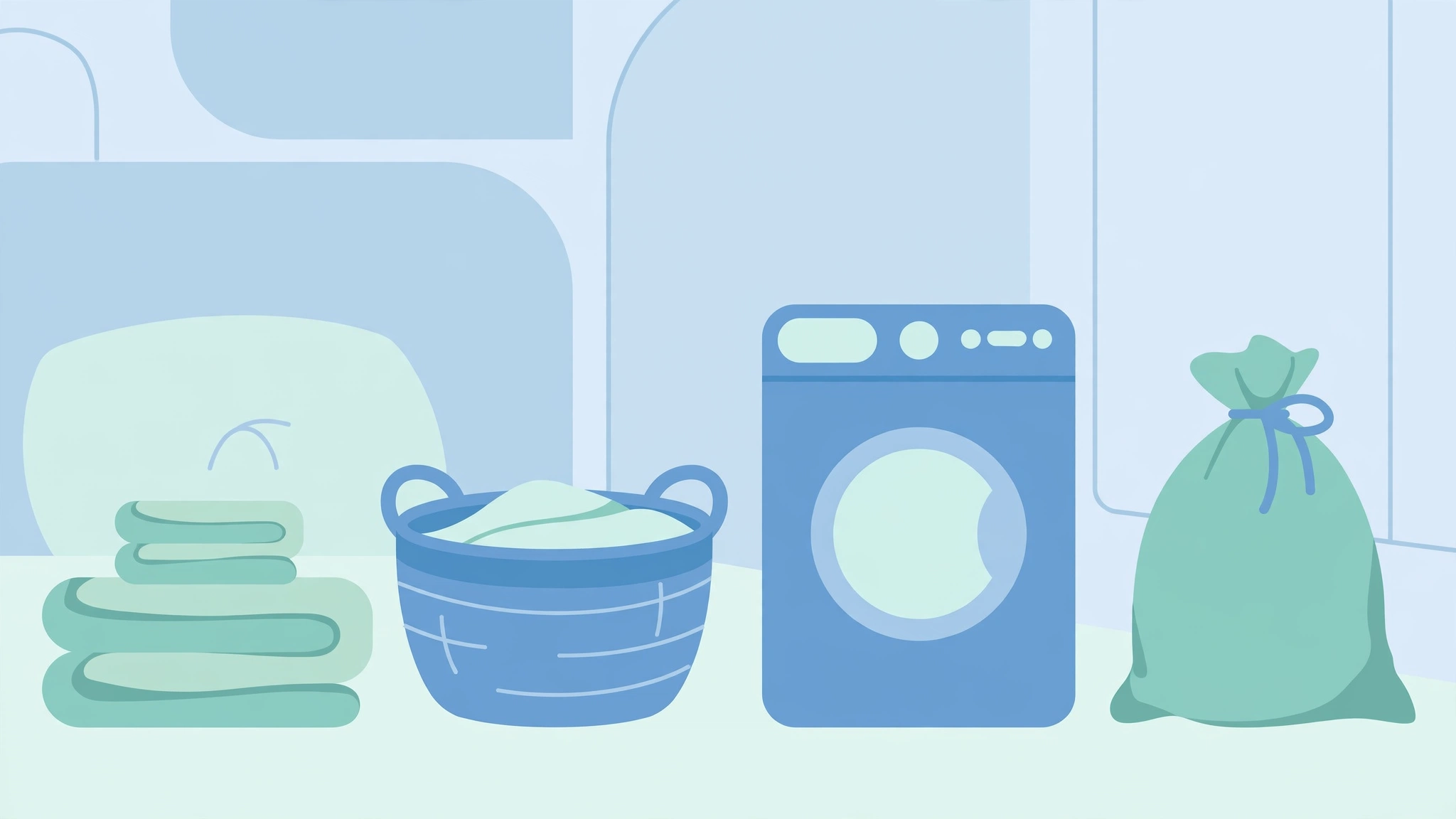 Pubic lice treatment home protocol: laundry basket, folded towels, and washing machine icons for bedding care
