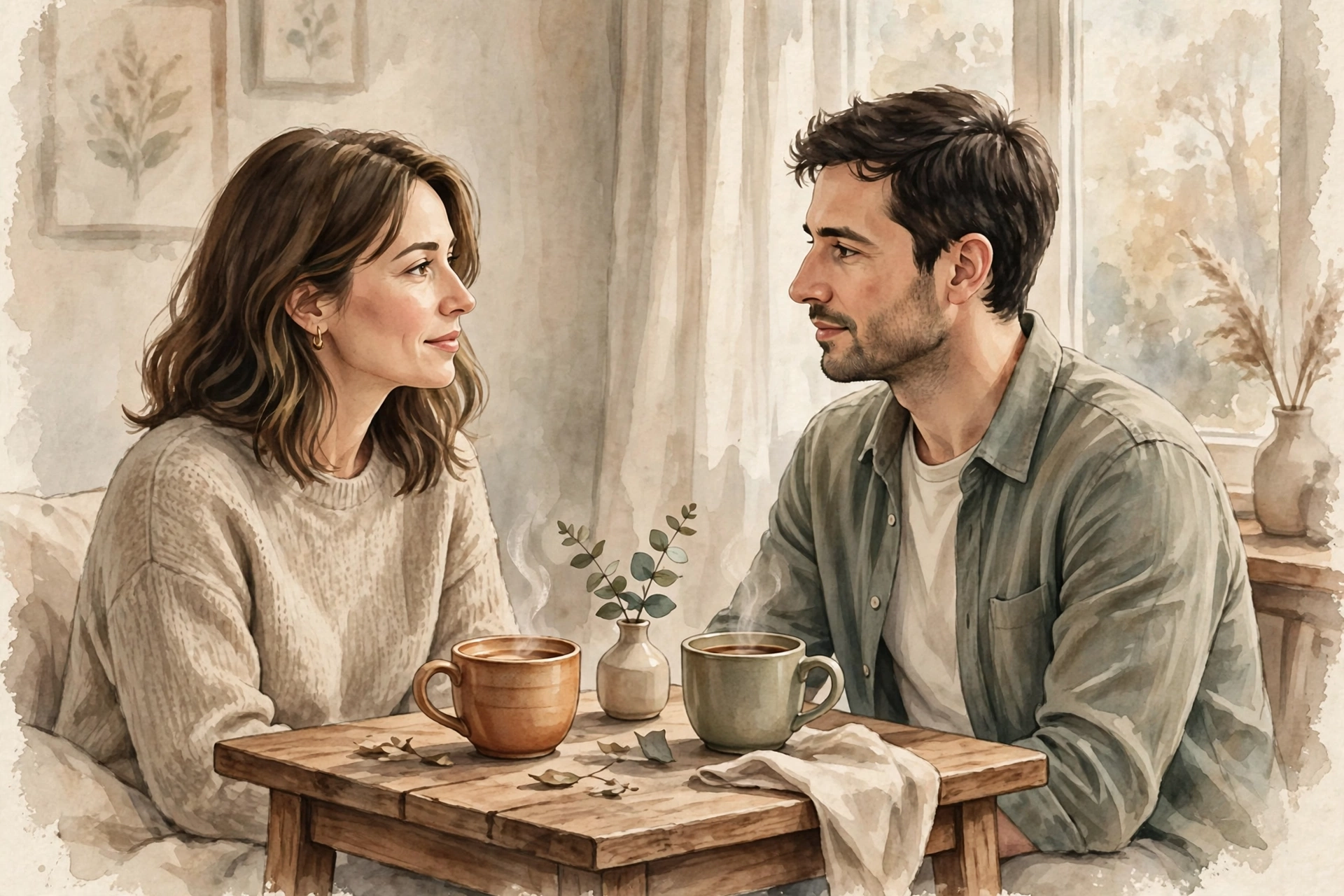 Watercolor illustration of a couple having a calm, honest conversation over coffee cups at a small wooden table in soft window light