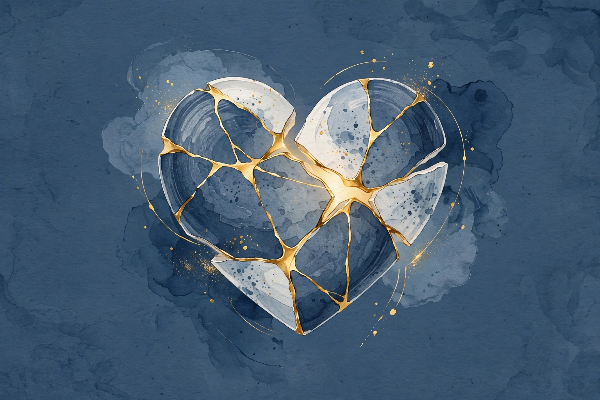 Watercolor illustration of a heart mended with golden kintsugi seams on a deep blue background, symbolizing healing after betrayal