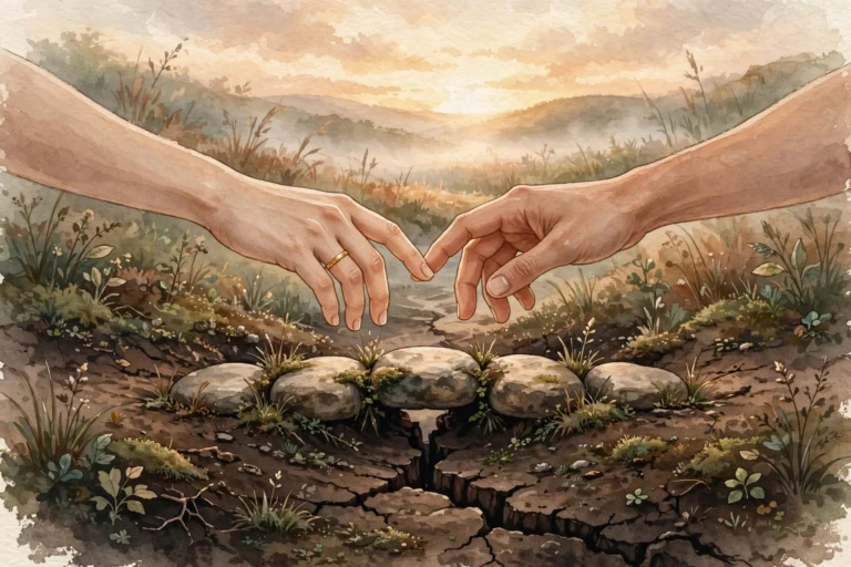 Watercolor illustration of two hands, one wearing a gold wedding ring, reaching across a cracked stone bridge toward each other at dawn, symbolizing rebuilding trust after infidelity