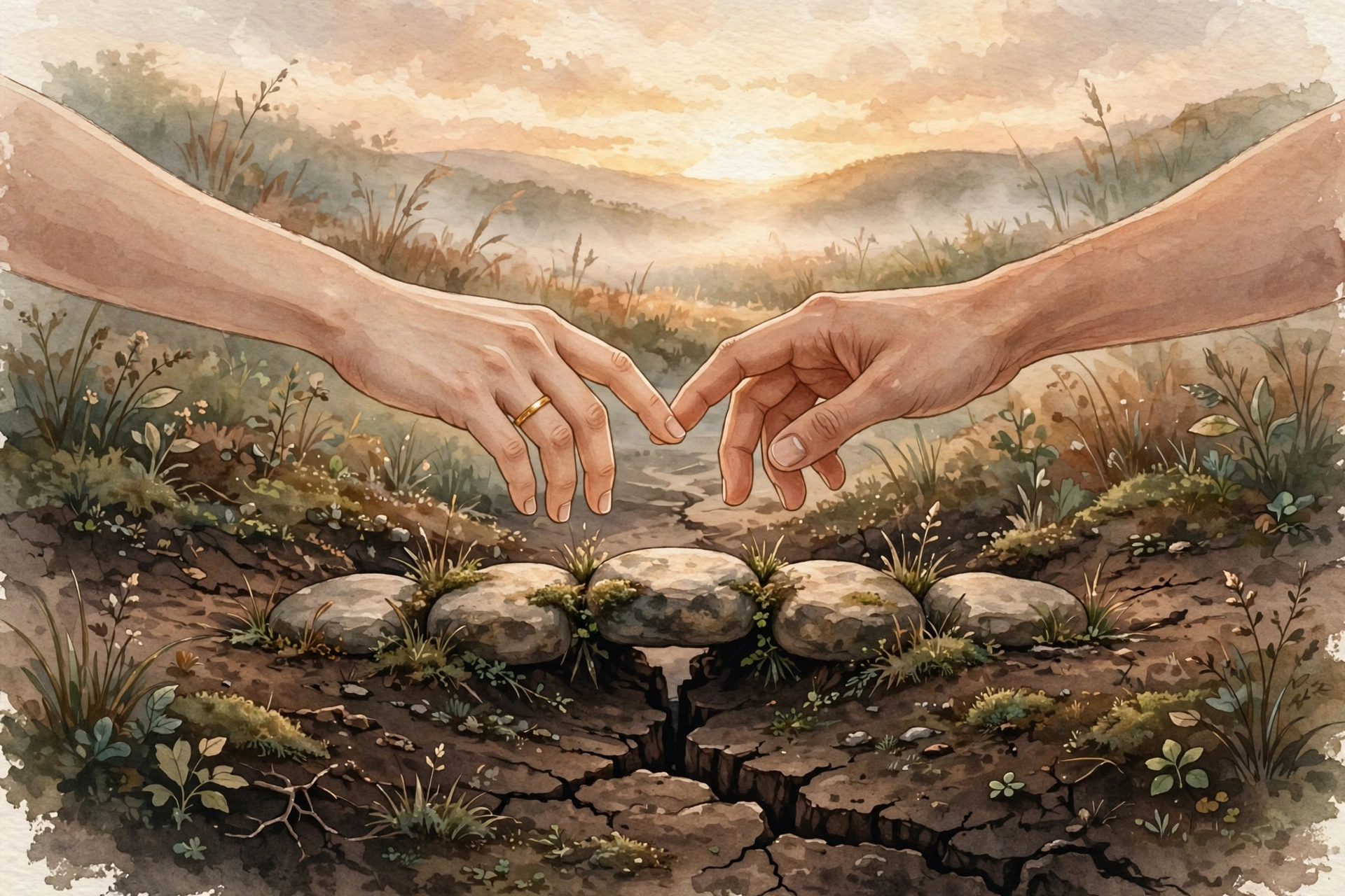 Watercolor illustration of two hands, one wearing a gold wedding ring, reaching across a cracked stone bridge toward each other at dawn, symbolizing rebuilding trust after infidelity