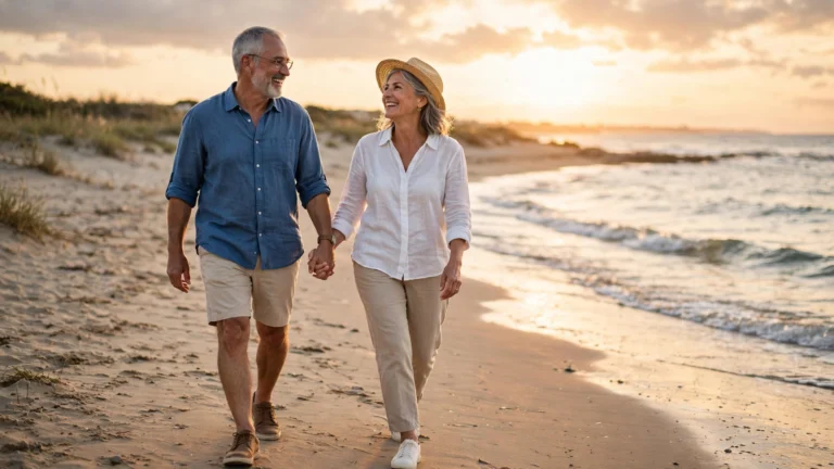 Retired couple holding hands on a beach at sunset