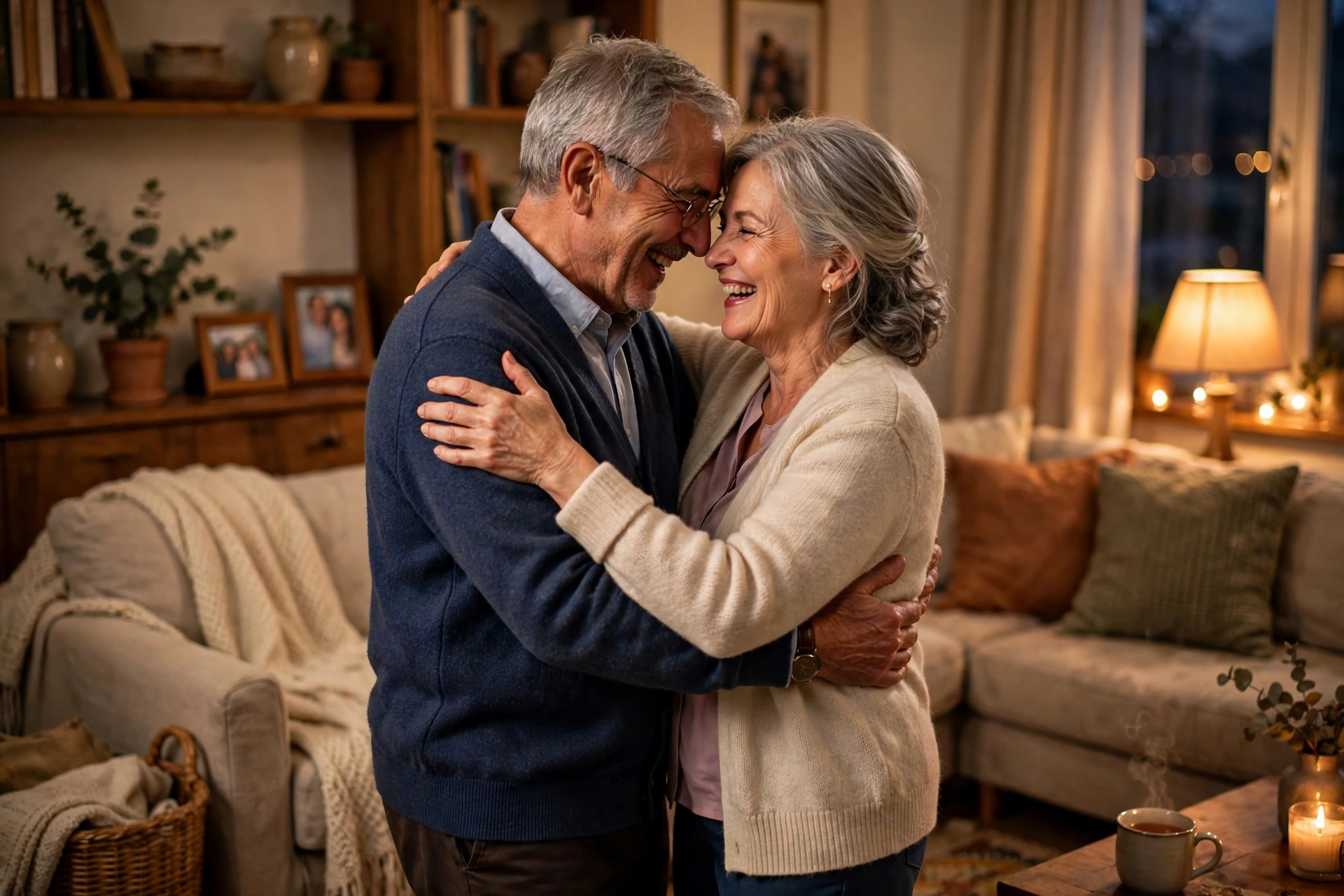 Senior couple dancing together in a cozy living room — retirement and sex