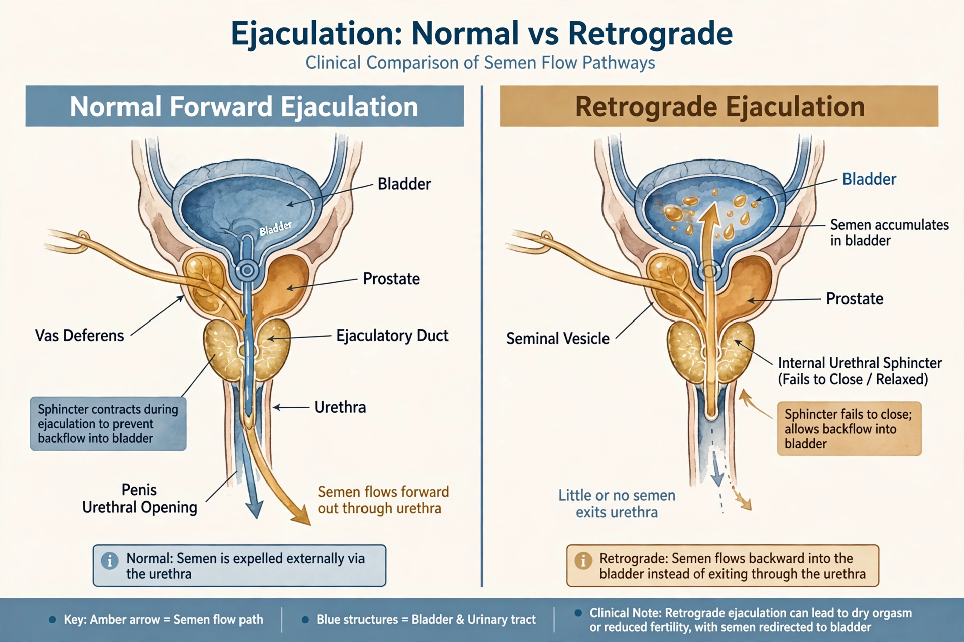 Diagram comparing normal forward ejaculation with retrograde ejaculation into the bladder