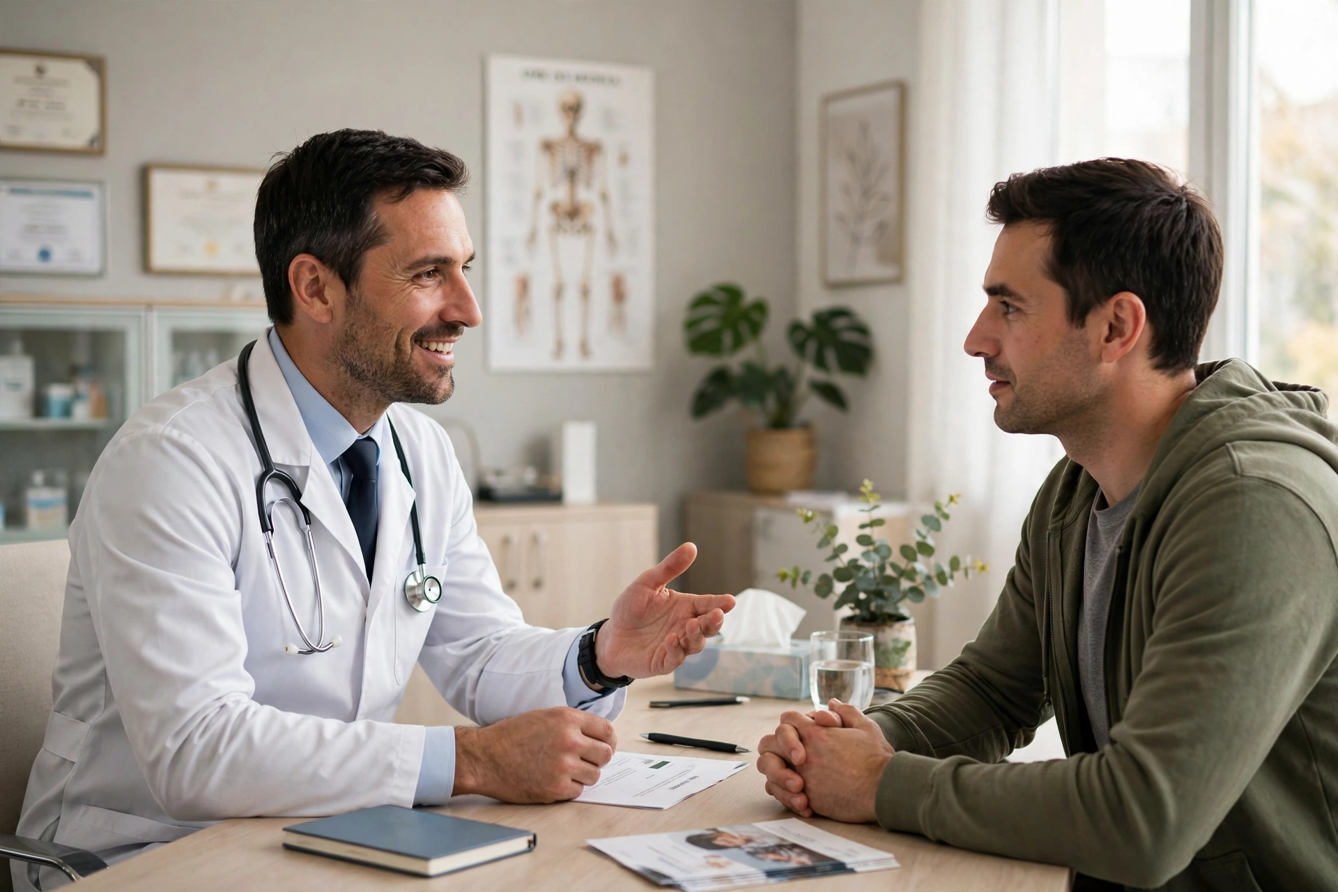 Doctor consulting a patient about men's health symptoms in a clinic office