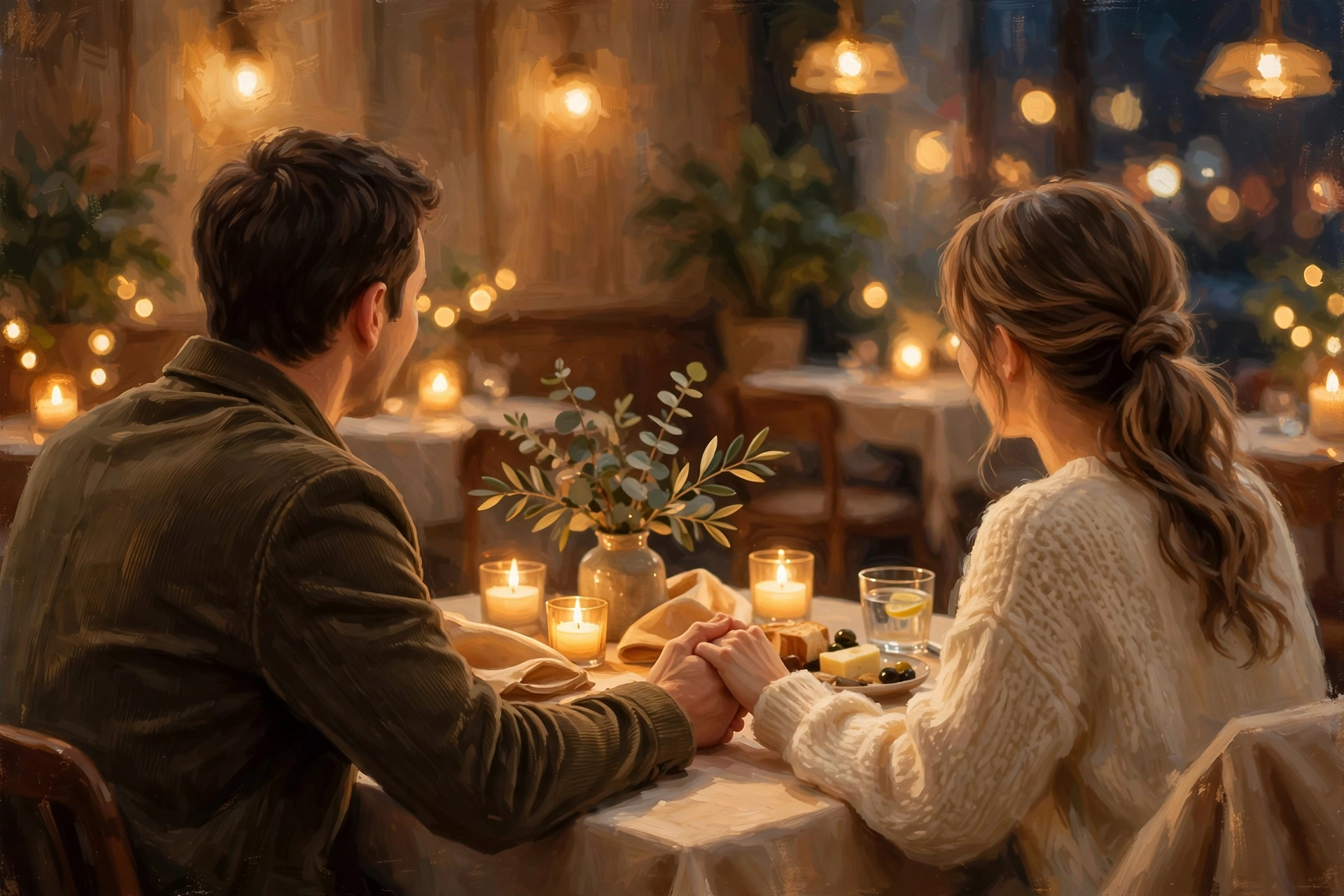 Couple holding hands at a candlelit table in a warm romantic setting