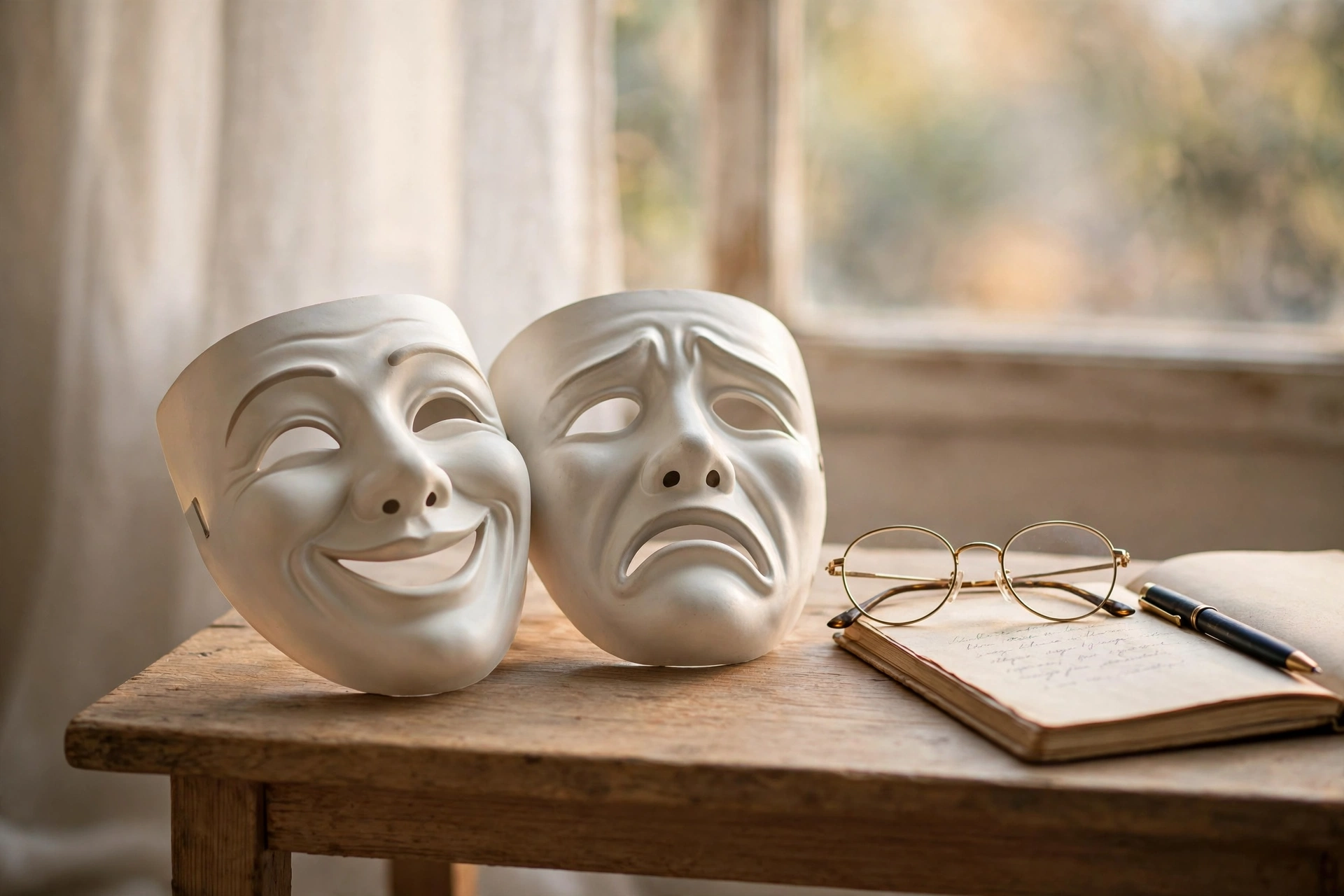 Roleplay for couples beginners: theater masks, eyeglasses, and a notebook on a table representing playful roleplay props