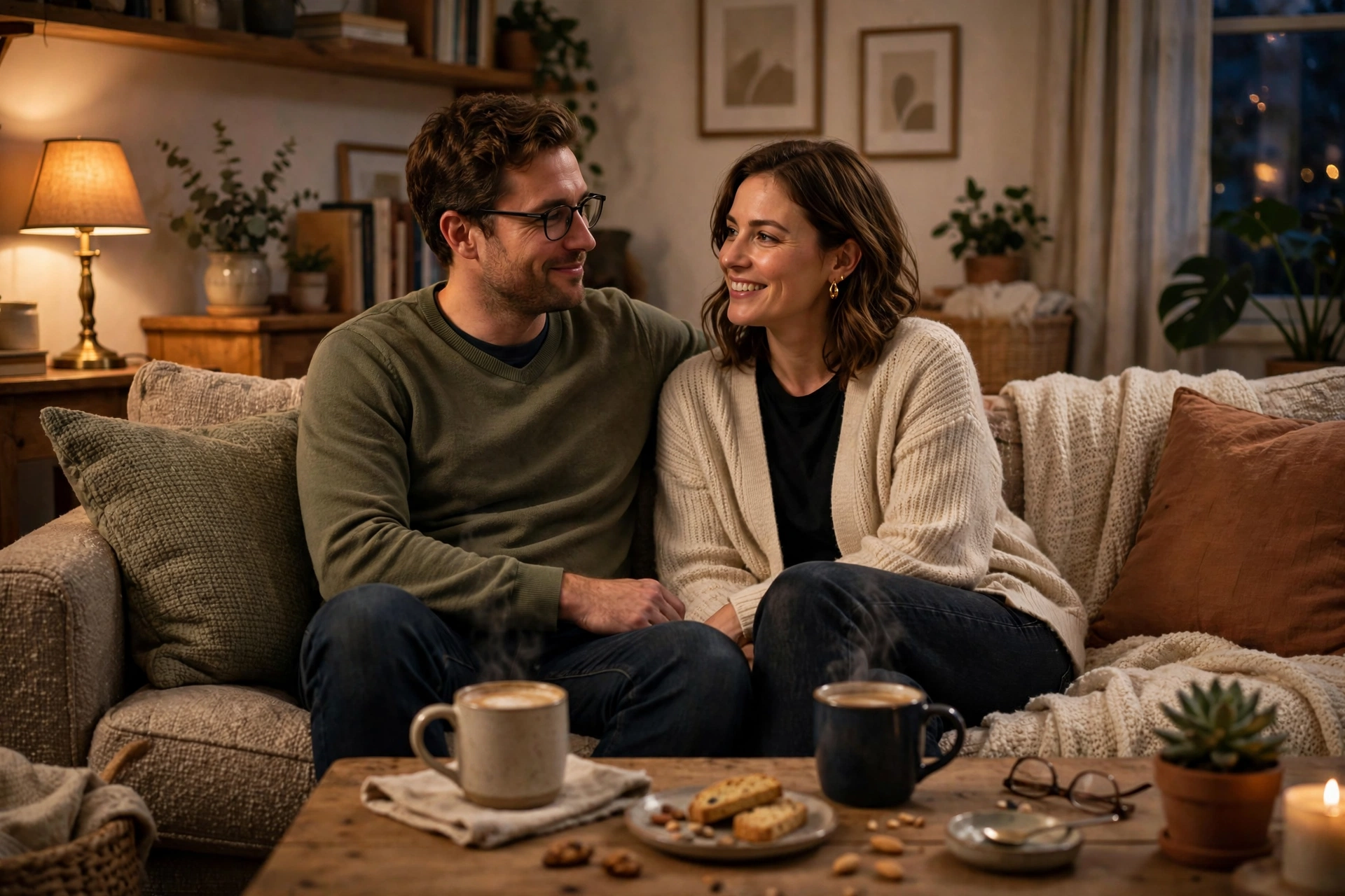 Couple relaxing together on a couch having a warm conversation
