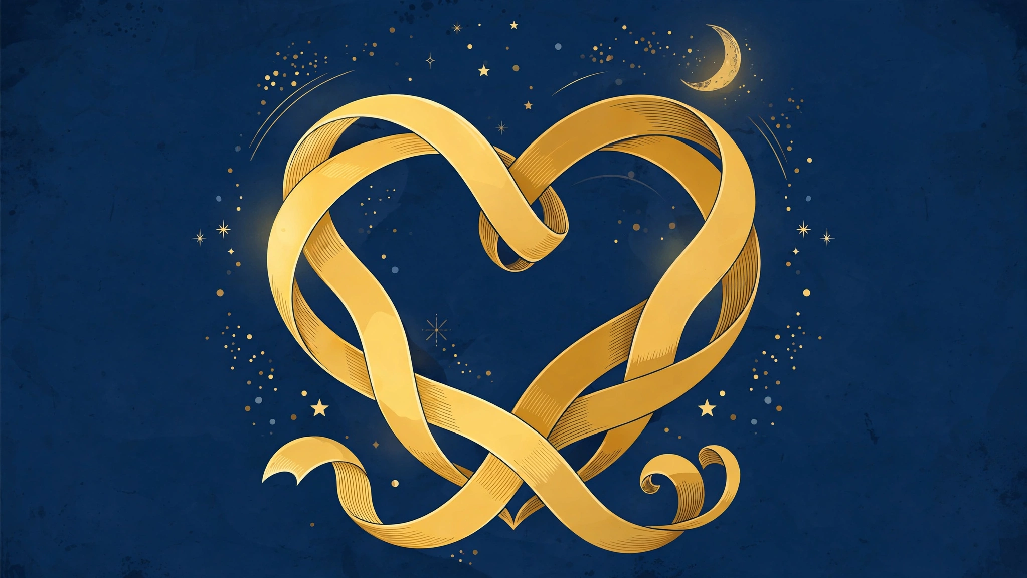 Golden heart ribbon on a night sky symbolizing deep slow intimacy — romantic lovemaking tips