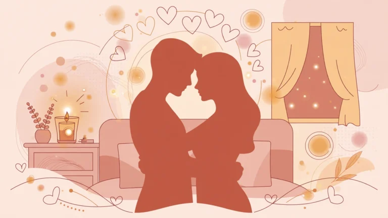 Couple embracing slowly in candlelight — romantic lovemaking tips illustration