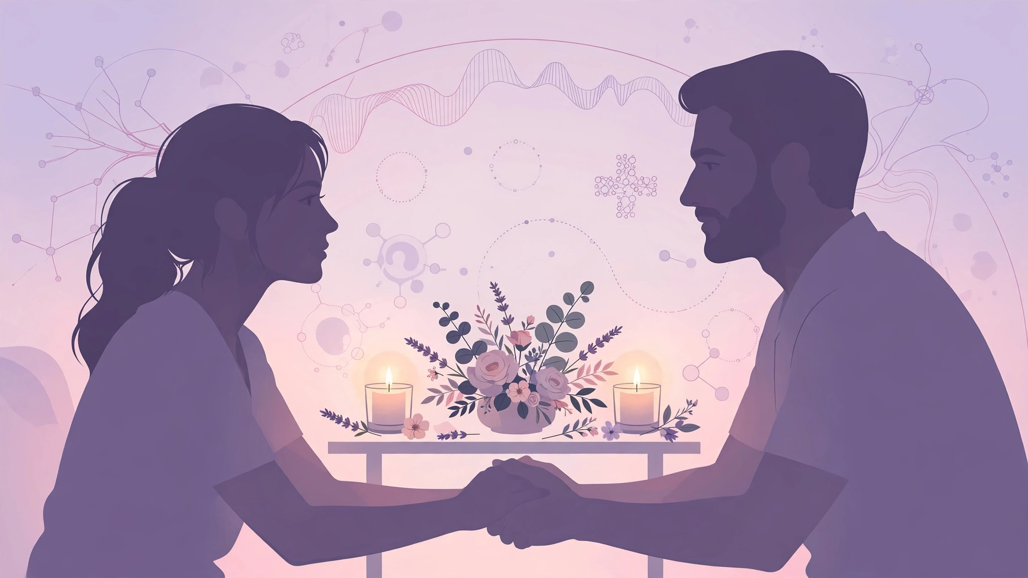 Partners holding hands and gazing at each other across a candlelit table — romantic lovemaking tips for slowing down