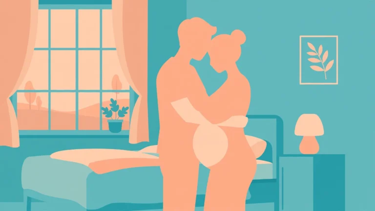 Tasteful illustration of safe sex positions during pregnancy showing an embracing couple silhouette
