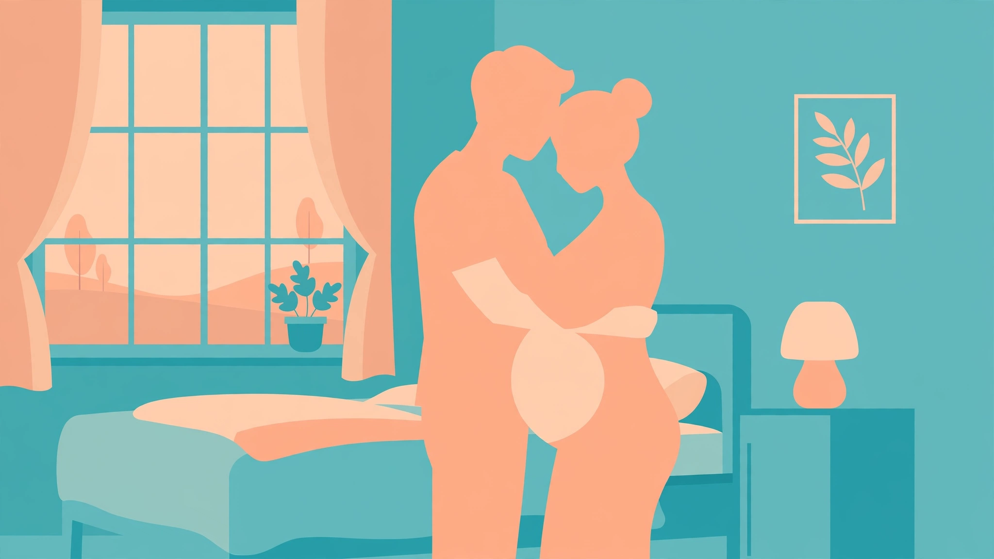 Tasteful illustration of safe sex positions during pregnancy showing an embracing couple silhouette