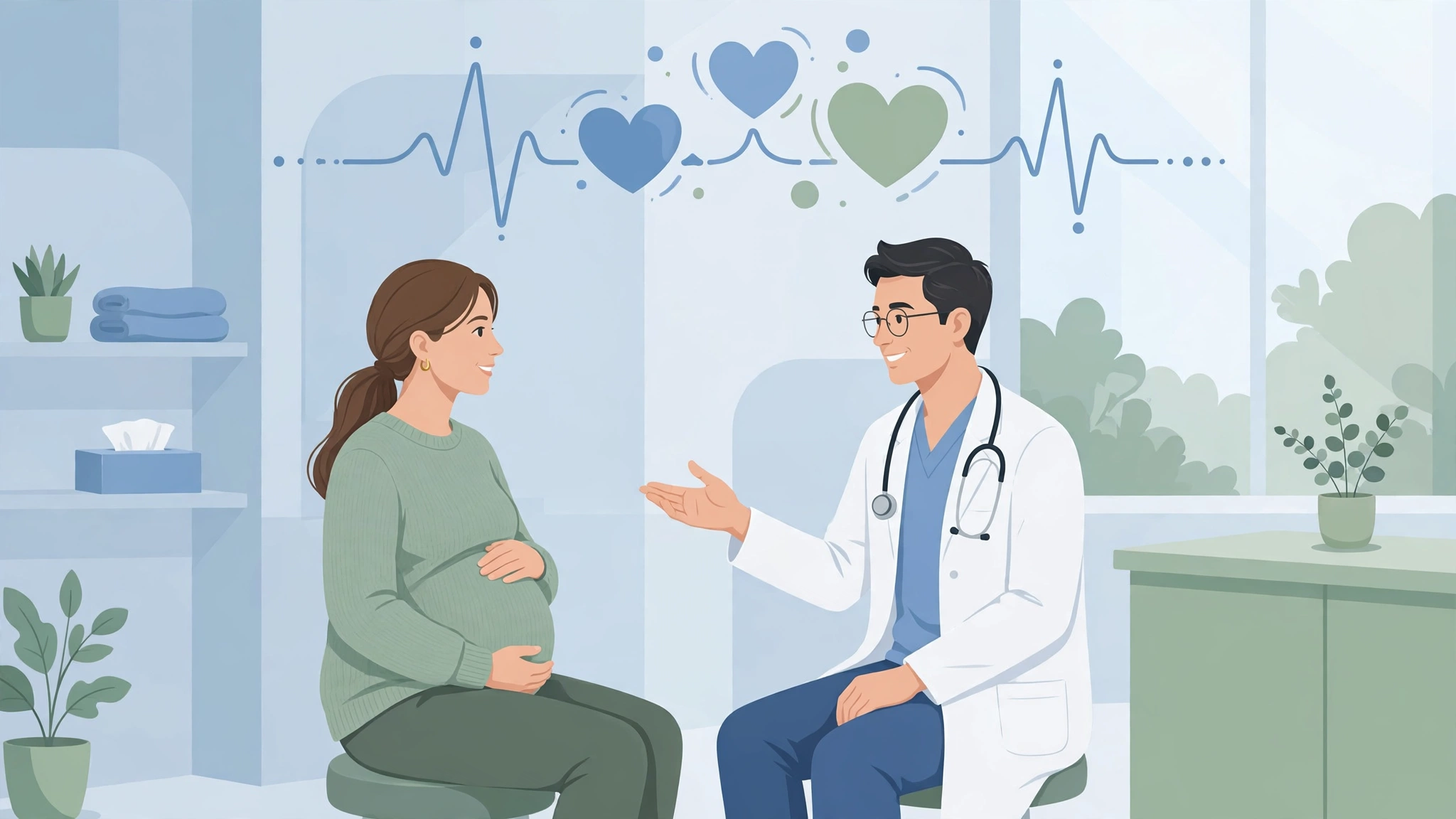 Medical-style illustration of a pregnant woman talking to her doctor about safe sex positions during pregnancy